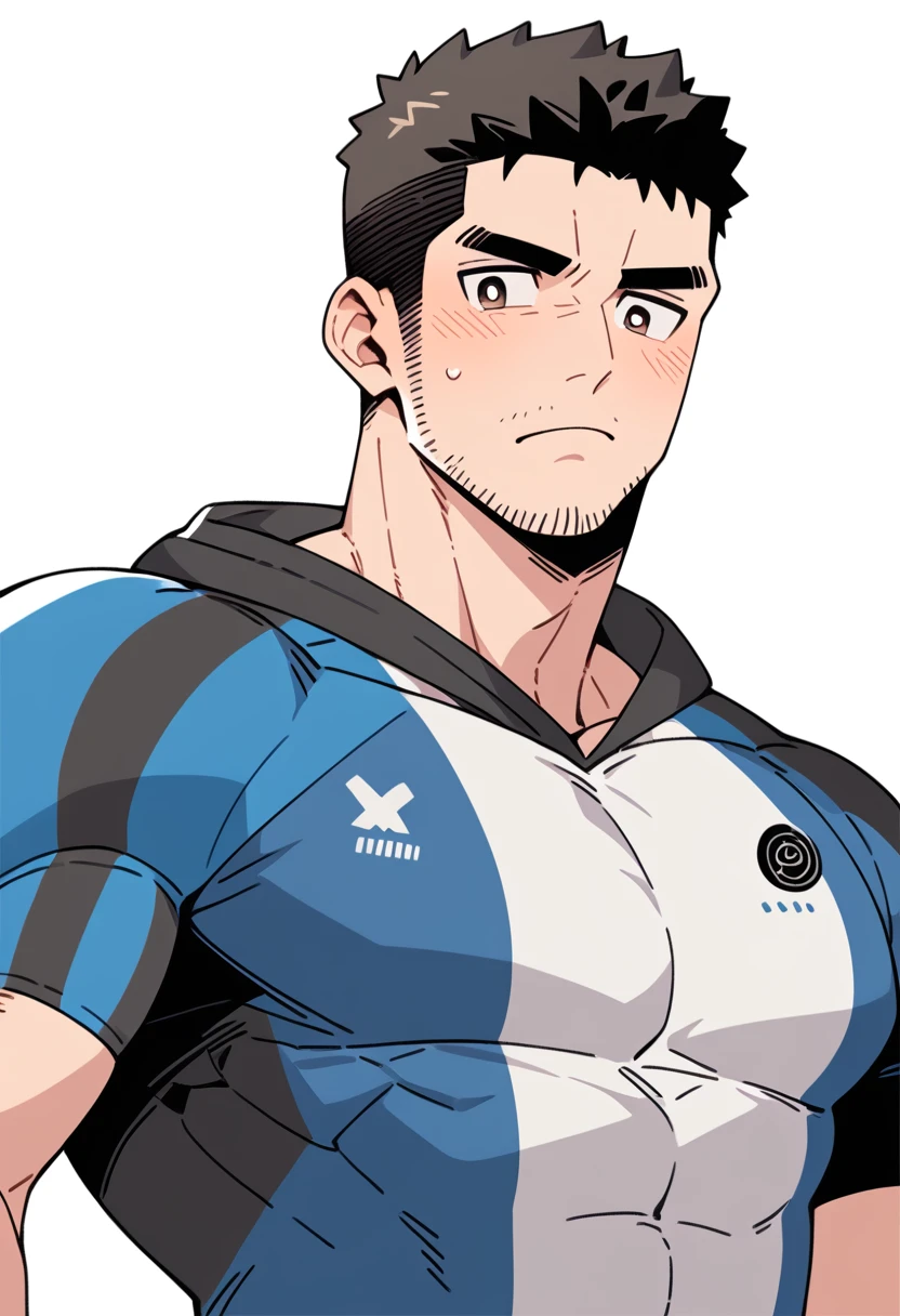 anime characters:Chris Redfield, Muscle Sports Student, Buzz Cut, Manliness, male focus, Sports tight hooded sweatshirt, Wear a black high-necked tights inside, Very tight, Huge chest muscles, muscular male, muscular, only, Upper body, alone, Red short hair, Thick eyebrows, stubble, Brown-red pupils, White background, simple background, amazing quality, best aesthetics, Ridiculous, crew cut, embarrassed, frown, nervous, negative space, best quality
