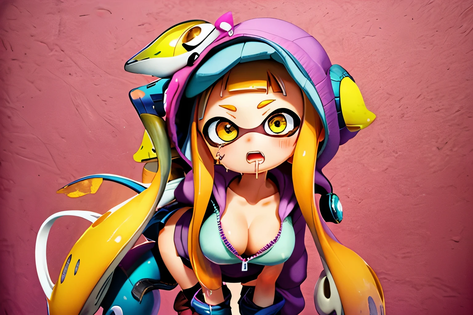 background:wall, Splatoonの***、Golden Eyes、alone, Multicolored tentacle hair、lean forward on the desk,((Sex)),mischief,(blush,Drooling),mischief,Splatoon,Zip-up hoodie, Open front hoodie、gigantic breast、Cleavage、Moe sleeves,mini skirt,boots,Pattering your feet,General convulsionasterpiece、Highest quality、High resolution、Real Anime、3d、