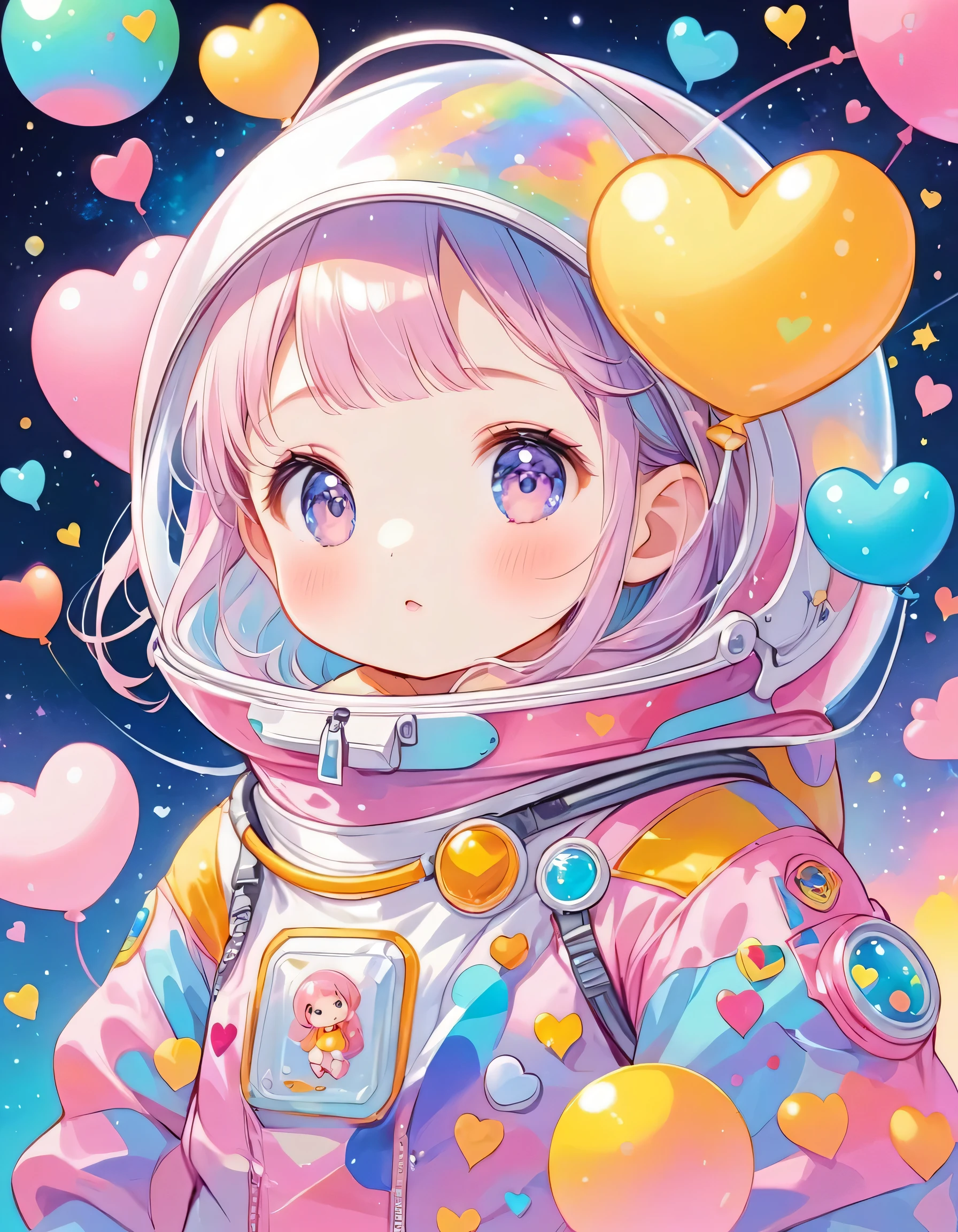 Momoko Sakura pastel color style, Simple Line Initialism，Abstract art，(((The most beautiful girl of all time))), baby, Sweet face. colorful hearts, kawaii design, (((expedition))), Spacesuit, Cute Aliens, The background is space