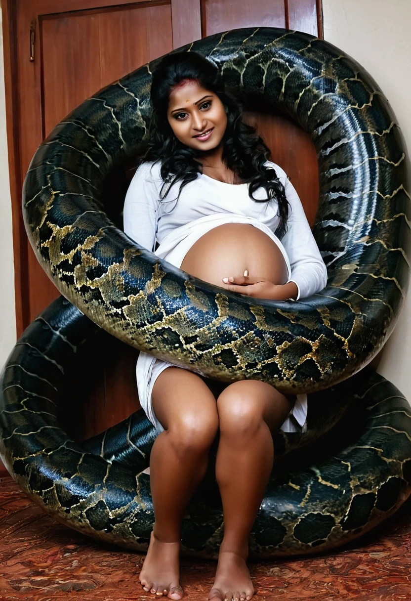 Pregnant Happy Horny, aroused 1girl), beautiful kneeling Indian young girl with giant colossal Kaa monster squeezing her hard, wrapped in thick spiraling coils, constricted, struggle, gasping for air, snake attack, snake peril, moonless night, dim light