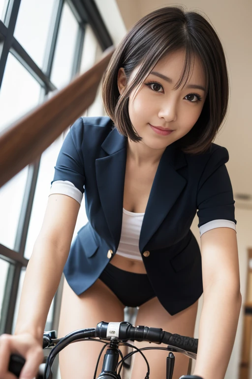 (RAW Photos), (Realistic), (masterpiece), (Highest quality), High resolution, 8k resolution, (Exquisite detail), (Volumetric Light), woman, Age 35, short hair, Straight hair, Brown haired, Very thin, Very white and clear skin,Highly detailed eyes, Source Sequence, Very thin eyebrows, eyelash,Ultimate beauty,Cute like an idol, smile, (office suits), Sit in the saddle,Beautiful breasts,Beautiful Japanese office lady, Pleated skirt, Random Color, Cute Face, Real Light, Correct Anatomy, ride a bicycle:1.4、Mommy bike:1.4, There is a basket, Low saddle,Moving bicycle, (((非常にLow saddle, Sit in the saddle))),pedalをこぐ,Hold the handlebars with both hands,Look straight ahead,womanは視聴者を見ていない, pedal, From below1.4、(((Low angle 1.4))), In the city, (((I can see her panties))), Beautiful long legs, (((かなりFrom below:1.4))), Thin thighs, womanをFrom below見上げる視聴者,From below,From below,(((Low angle full body shot, Black pumps,かなりFrom belowの角度, focus on the saddle, Zoom from ground level,From a dog's eye level))), womanは前傾姿勢ではない, Not a car, from the front, 視聴者はFrom belowwomanの股間を見上げる,I can see her knees,womanは片膝をあげる, low angle: 1.4, focus her knee