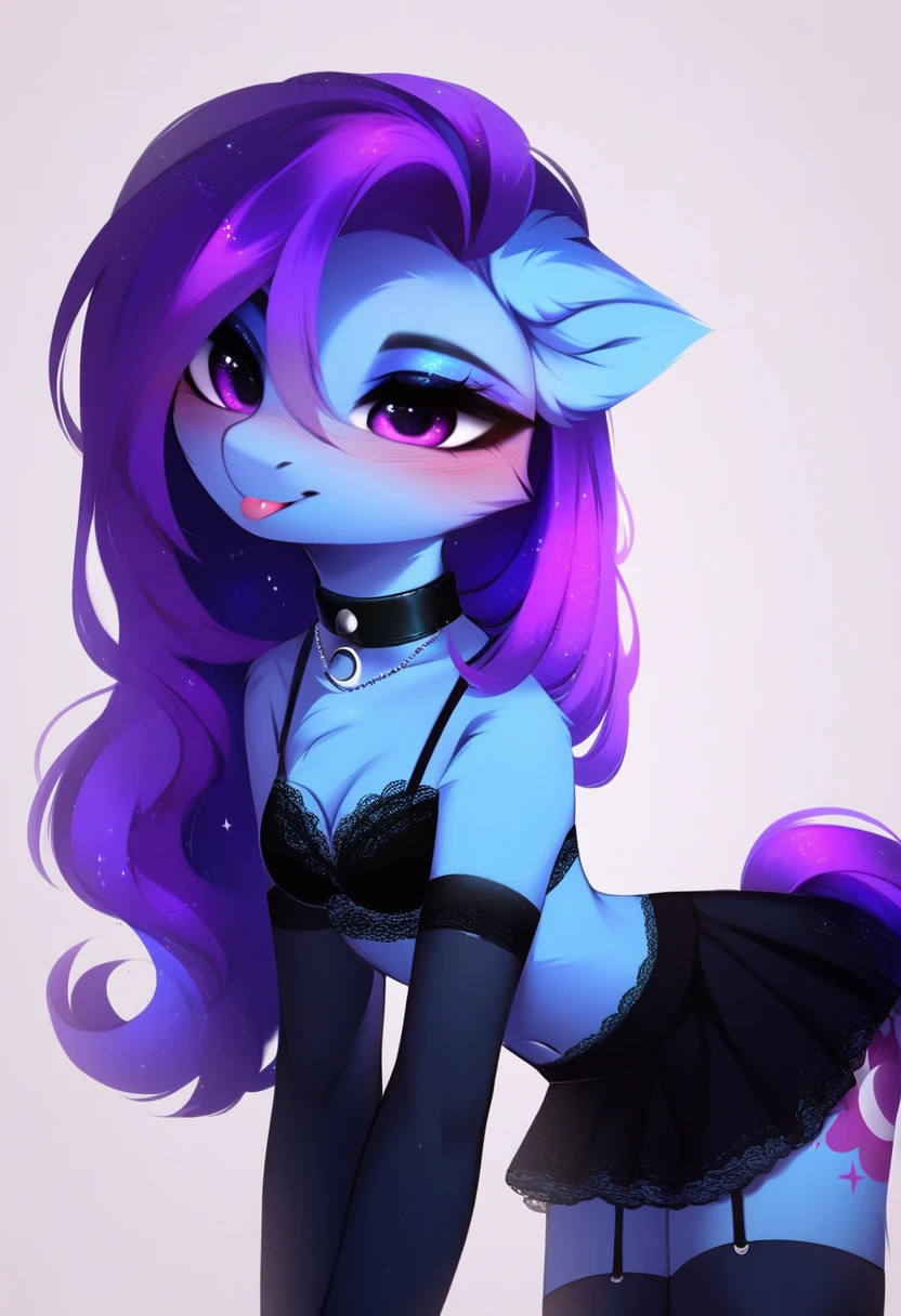 check_9, check_8_up, check_7_up, source_fluffy, rating_safe, from Magnaluna, Luna poses seductively in a gothic bedroom, antro, blushing, blue body, purple mane, black lingerie skirt