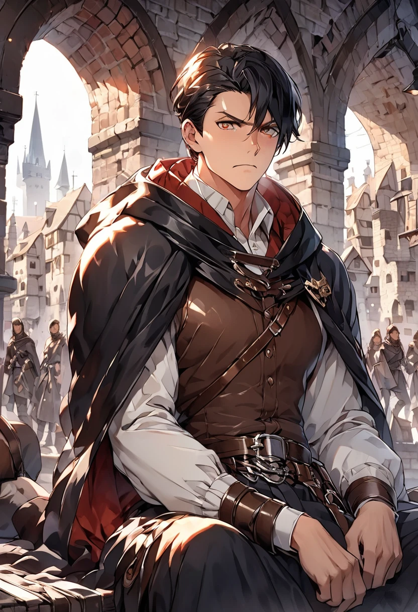 (Absurd, High resolution, Super detailed), 1 male, Adult, good looking, Muscular face, Broad shoulders, Detailed drawn eyes, Short black hair, Brown eyes, Black Cape, Wearing a hood, Leather Vest, Leather bag on waist, Two daggers on the belt, city, Medieval atmosphere, Natural light and shadow, The man is surrounded by bright particles., wonderful, mysterious, Bright glow, Sitting posture, Serious expression, cold, Thoughtful, Shut your mouth