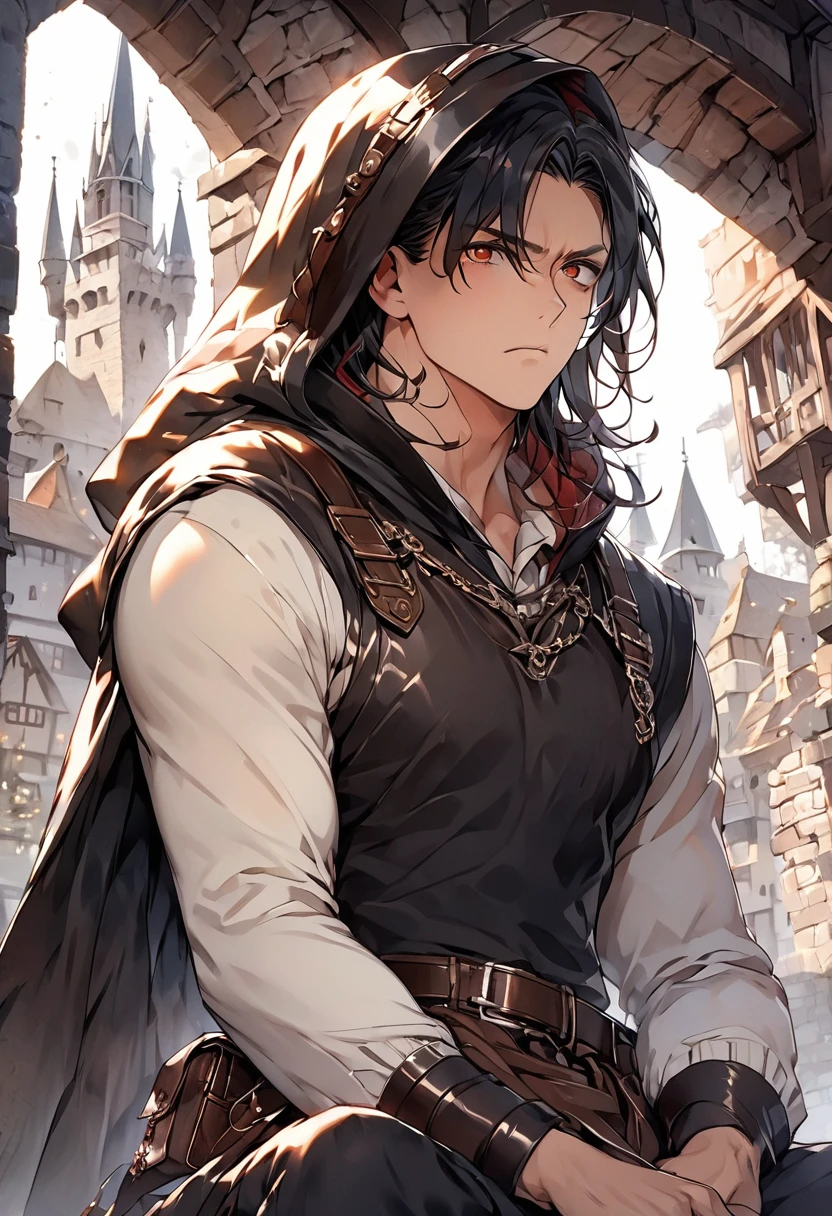 (Absurd, High resolution, Super detailed), 1 male, Adult, good looking, Muscular face, Broad shoulders, Detailed drawn eyes, Short black hair, Brown eyes, Black Cape, Wearing a hood, Leather Vest, Leather bag on waist, Two daggers on the belt, city, Medieval atmosphere, Natural light and shadow, The man is surrounded by bright particles., wonderful, mysterious, Bright glow, Sitting posture, Serious expression, cold, Thoughtful, Shut your mouth