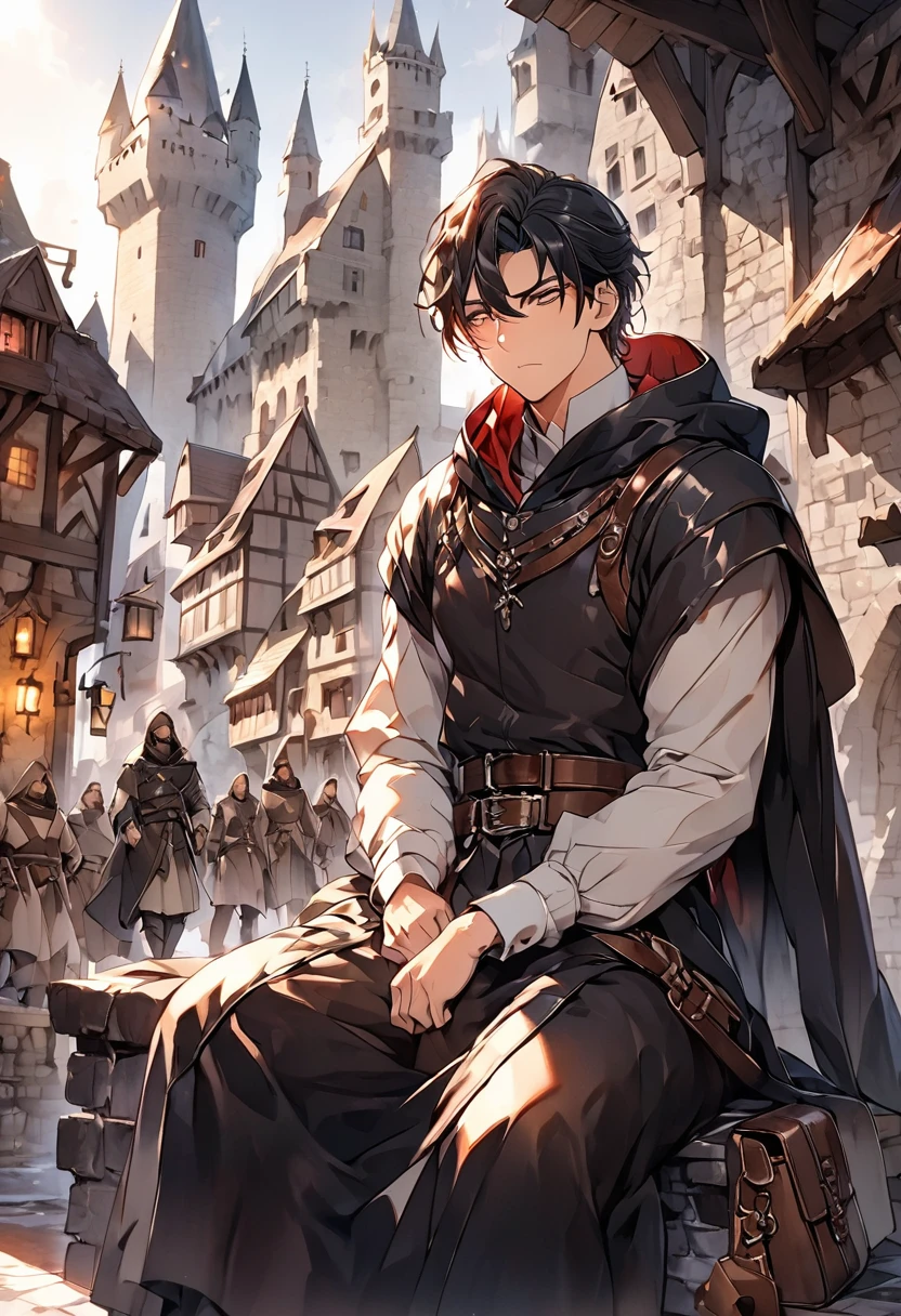 (Absurd, High resolution, Super detailed), 1 male, Adult, good looking, Muscular face, Broad shoulders, Detailed drawn eyes, Short black hair, Brown eyes, Black Cape, Wearing a hood, Leather Vest, Leather bag on waist, Two daggers on the belt, city, Medieval atmosphere, Natural light and shadow, The man is surrounded by bright particles., wonderful, mysterious, Bright glow, Sitting posture, Serious expression, cold, Thoughtful, Shut your mouth