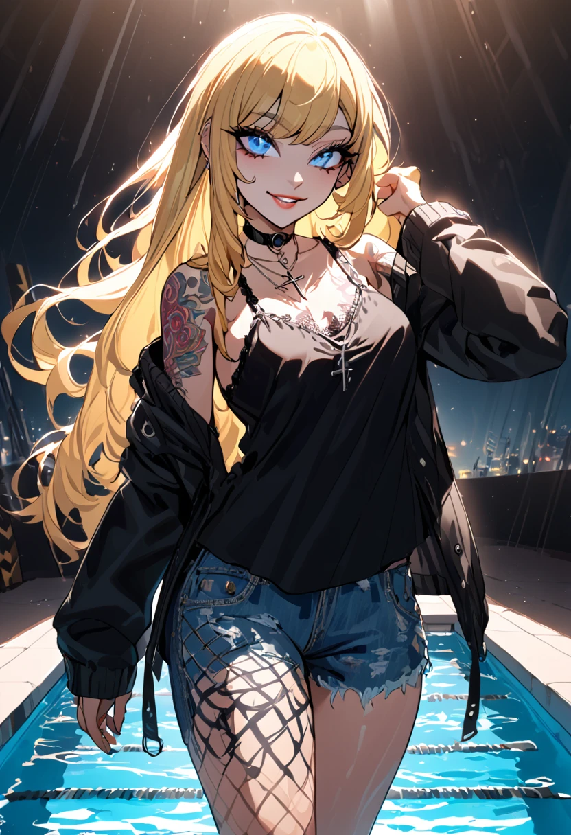 1 girl, Holo-Punk style, hair blonde, blue eyes pool, aretes, eyelash, ssmile, beachfront, jewerly, lips, make up, cross necklace, chemise, long hair, manga curta, ssmile, standing alone, large open black jacket, chemise branca , tatoo, large breasted, teeths, denim trousers, black chemise, Fake Falcon, punk aesthetic, cinematic angle, foreshortening, tenebrosa, tenebrosa background, cinematic lighting, work of art, best qualityer
