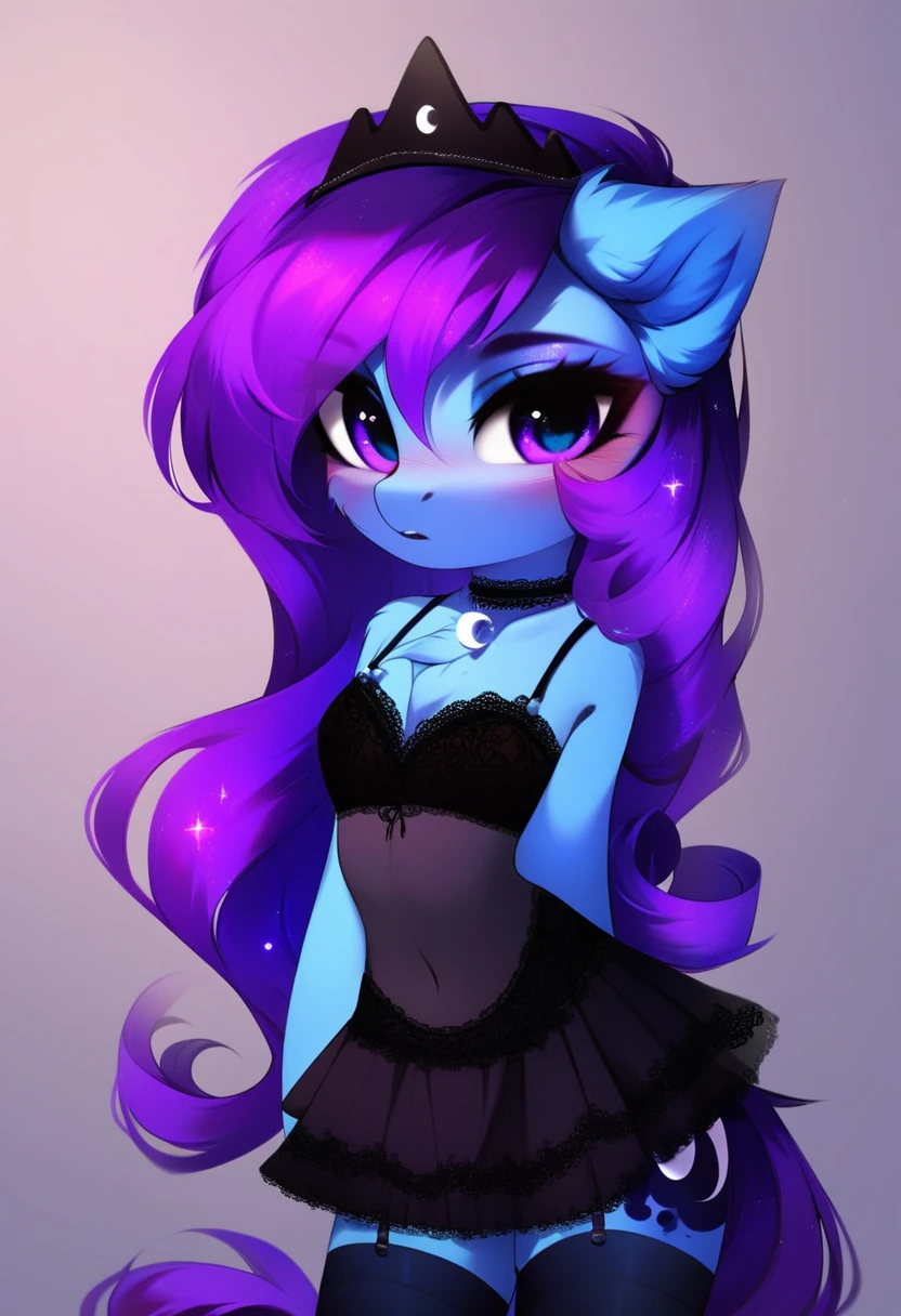 check_9, check_8_up, check_7_up, source_fluffy, rating_safe, from Magnaluna, Luna poses seductively in a gothic bedroom, antro, blushing, blue body, purple mane, black lingerie skirt