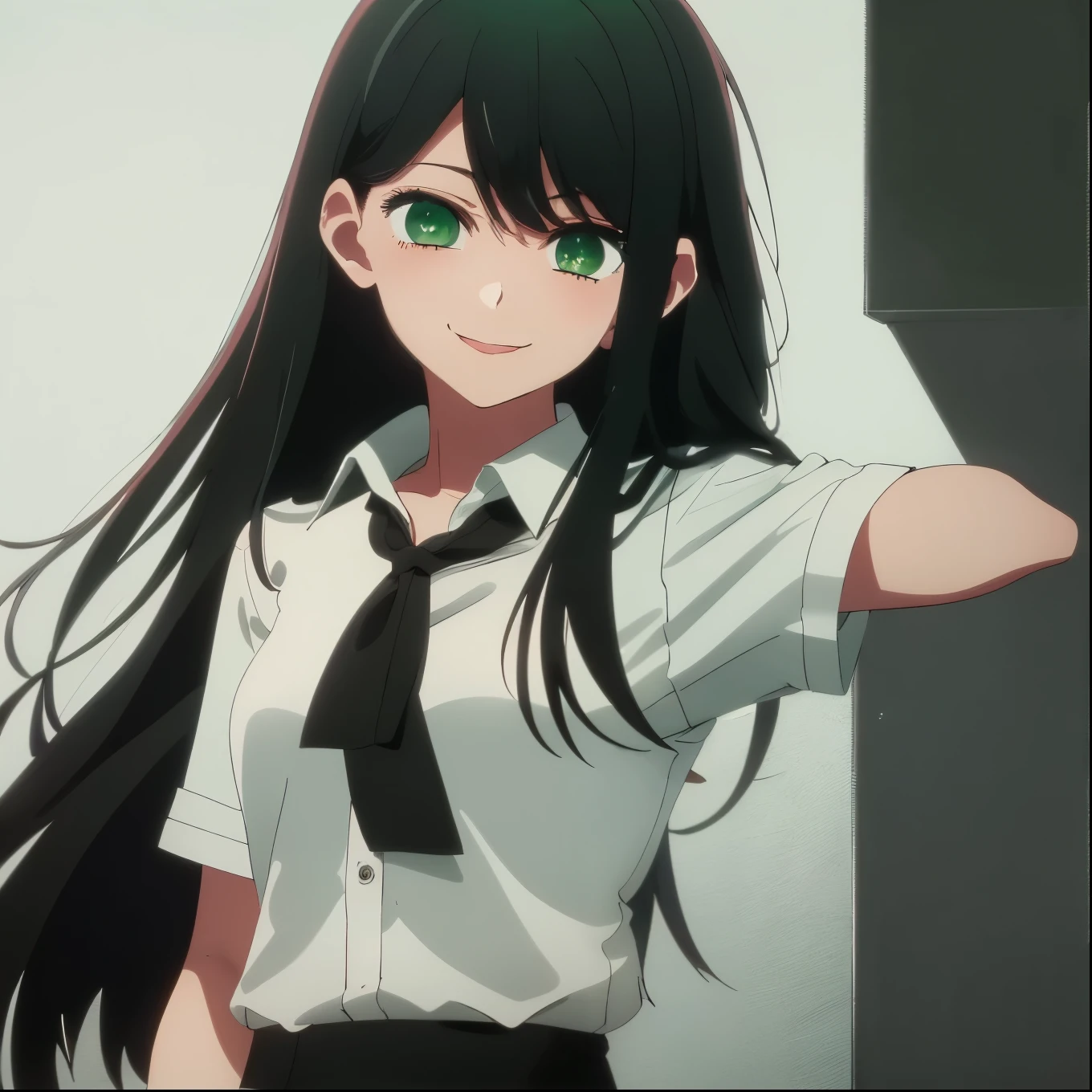 ((masterpiece, best quality)), (1girl), (solo), (female focus), (dark green hair, long hair), (green eyes), light smile, closed mouth, ((white shirt), (buttoned shirt), ((black skirt), (short skirt)), standing, white background, dynamic angle, 25 year old woman