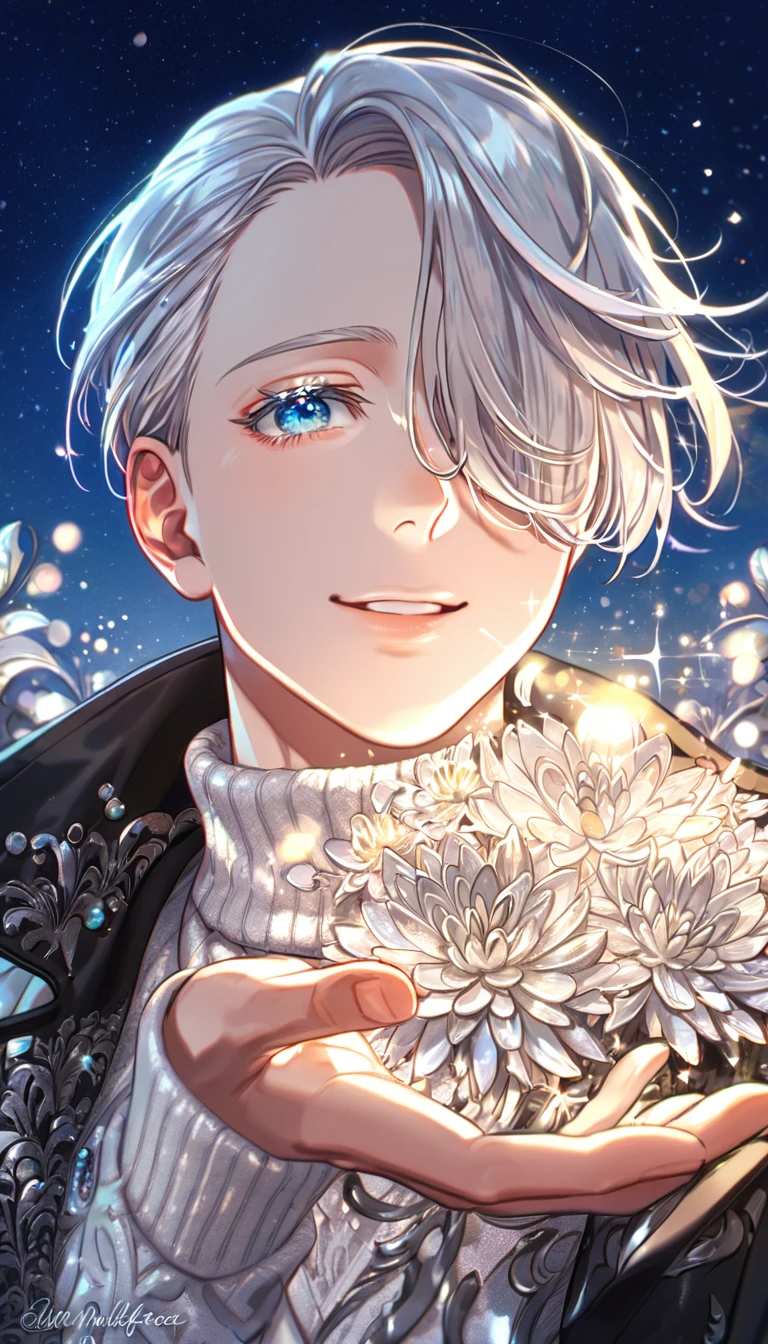 absurdres, highres, ultra detailed, HDR, master piece, best quality, extremely detailed, Victor Nikiforov, silver hair, expressive blue eyes, hair over the right eye, Yuri On Ice, solo, sexy man, handsome, smile, black coat, white sweater, fantasy, water, sparkling, silver glittering fireflies, silver moon, silver blossoms, silver chrysanthemums, silver sparkling lights, starry sky, magical