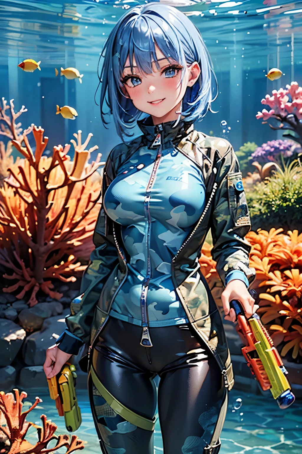 best quality, (masterpiece:1.3), absurdres, highres,16k, ultra high res, official art, illustration,extremely detailed, 1girl, solo, full body, 20yo, 
delicate lines tailed face, (bob hair:1.1), (beautiful blue hair:1.2), (shiny hair:1.2), (beautiful gray eyes:1.2), (shiny eyes:1.2), (medium breasts), (gleaming skin:1.4),
looking at viewer, (cowboy shot:1.5)
standing, smile,
(((blue) camouflage print) (ghillie suit (full zipped)):1.2), long pants, (holding water gun:1.4),
((under the sea, sunlight in, colorful coral, bubble, many fishes))