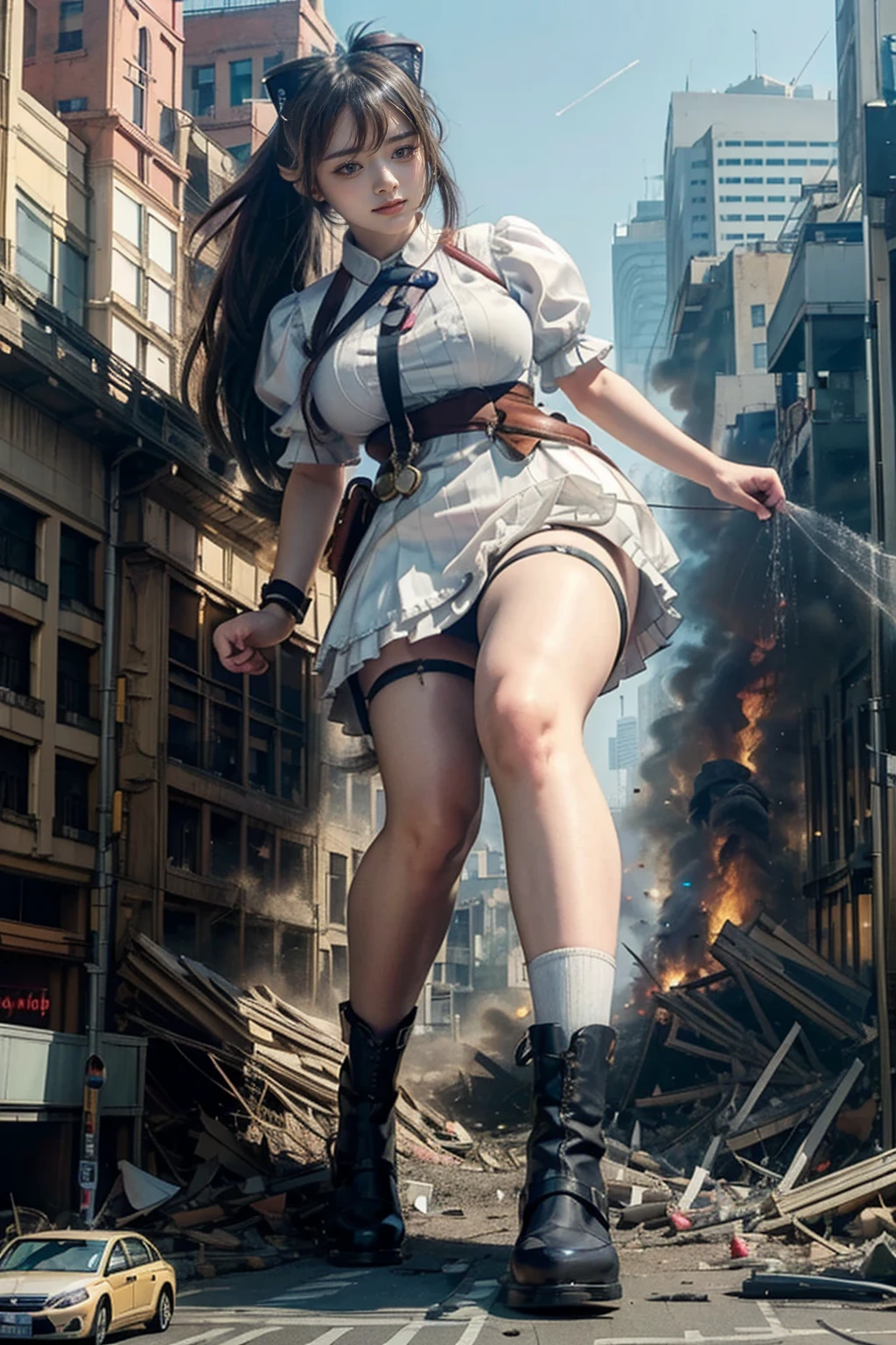 looking at the camera、steampunk、Standing on top of a ruined building、Big building explosion、The building collapses、Urban hustle and bustle、Traffic jam、City of Rubble、street tree、Car and bus、truck、taxi、City boulevard、Pedestrian bridge、Streetcar route((((Azur Lane Cheshire Cosplay))))、Frilled maid outfit、（(Super huge breasts)）、（(Plump thighs)）、Ground View，City of Giants,500 foot tall giant girl，skyscraper,Has super long legs,Step into the crowd，There are many people on the street,Knee-high socks，A happy look，Standing on the ruins，Beautiful appearance，Exquisite makeup，quality，8k，高quality，Perfect Proportions, Cinema Lighting，Film Grain，The Colors of Fuji，8k，Textured skin，Super Detail，High detail，high quality，High resolution，explode，False Smile、Reaching out