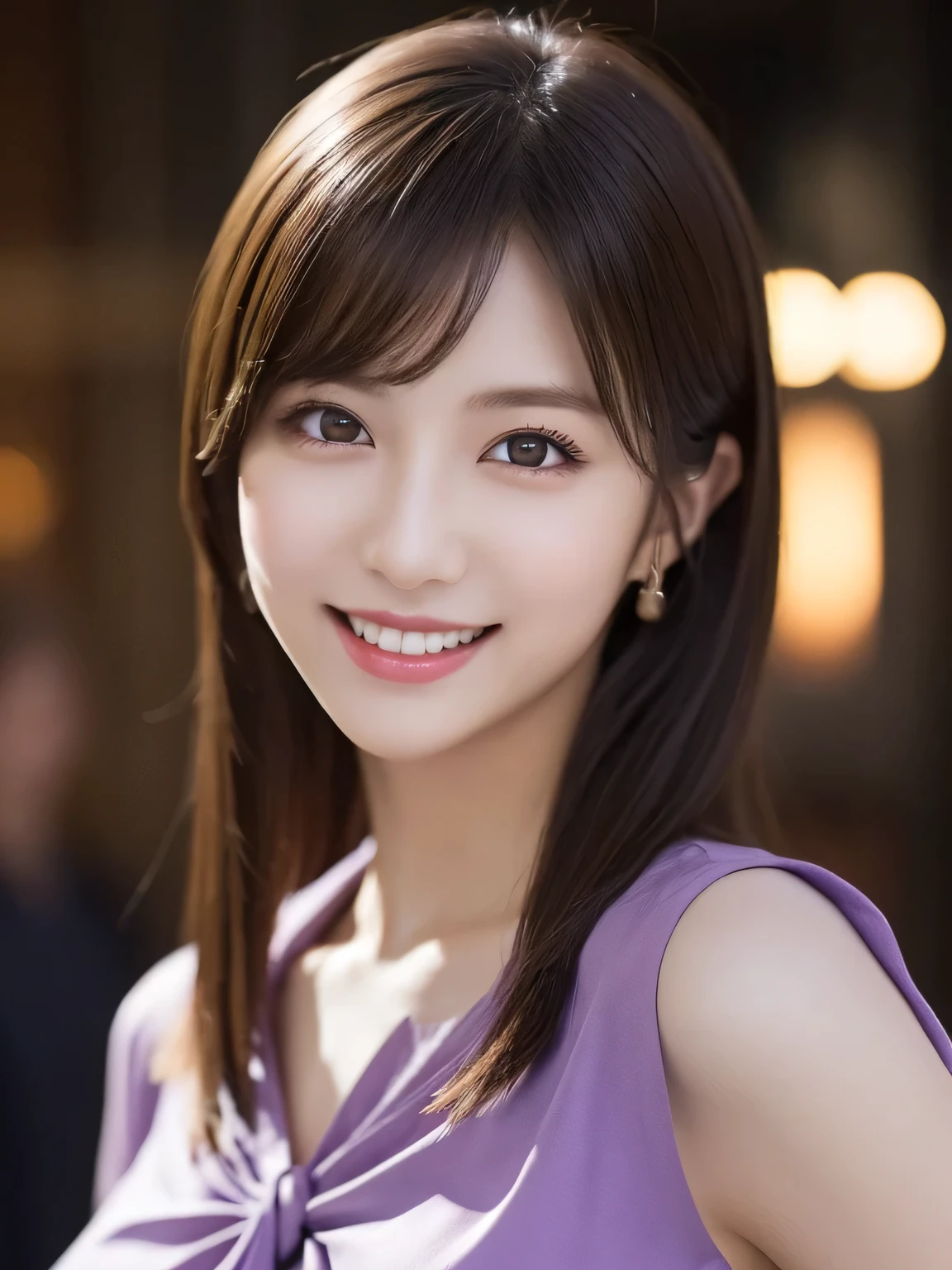1girl in, (Wearing a purple blouse:1.2), (Raw photo, Best Quality), (Realistic, Photorealsitic:1.4), masterpiece, Extremely delicate and beautiful, Extremely detailed, 2k wallpaper, amazing, finely detail, the Extremely Detailed CG Unity 8K Wallpapers, Ultra-detailed, hight resolution, Soft light, Beautiful detailed girl, extremely detailed eye and face, beautiful detailed nose, Beautiful detailed eyes, Cinematic lighting, city light at night, Perfect Anatomy, Slender body, Smiling,