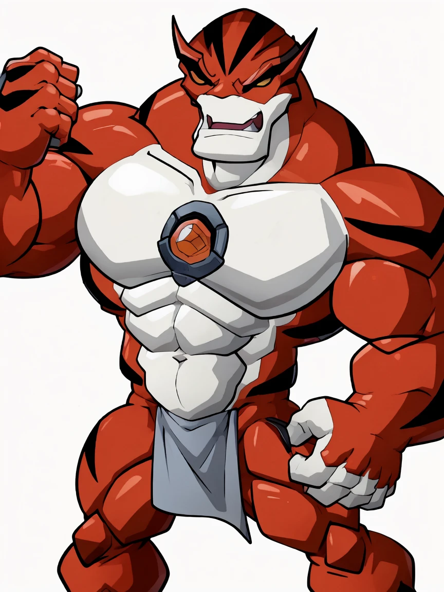 A cartoon image of a character standing,white background without any stuffs, ((Brightened body)), dynamic pose, commission for high resolution, Rath (Ben 10), muscular, muscular male, muscular anthro, by Maldu, 2D art, ((clothless)).