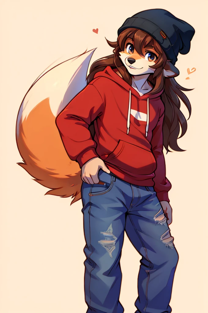 Cute furry fox boy. Thick outline. Red hoodie. Blue jeans. Beanie. Long brown hair. Long hair. r.