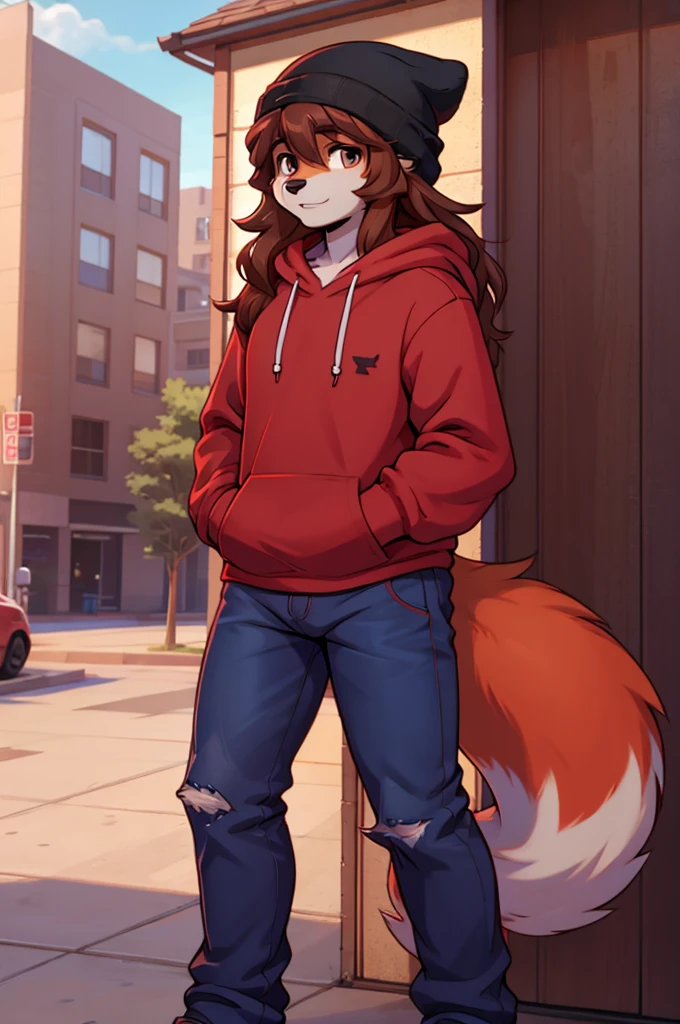 Cute furry fox boy. Thick outline. Red hoodie. Blue jeans. Beanie. Long brown hair. Long hair. r.