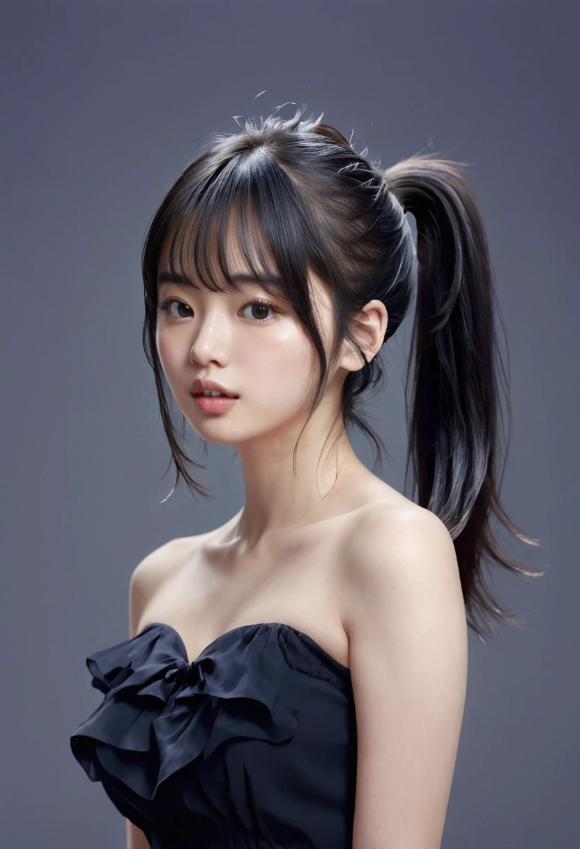 (masterpiece), (Highest quality), (Super detailed),(Disheveled Hair),(figure), (One girl), ((NUDE)), Are standing, View your viewers, (interview), (Simple Background),Beautiful attention to detail, Delicate and beautiful face, 、((No makeup))、floating,(High saturation),), Light-colored lips、(Mouth closed)、Soft Breasts、((short hair))、-Short low ponytail, Black Hair, bangs, Hair Ring, Floating hair, (The Shining), Best lighting, Best Shadow,