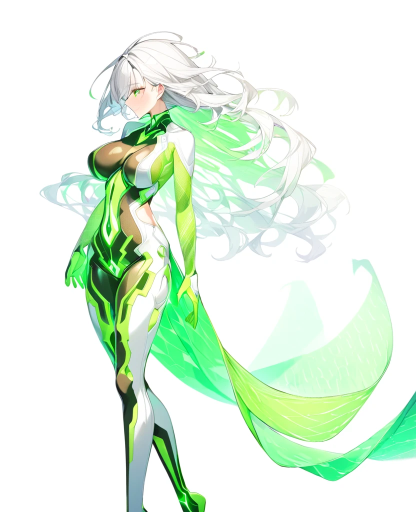 A girl with a green wind motif,Pure white background,セクシーなSee-throughボディスーツ,エスニックdesigner bodysuit,ＳＦdesigner bodysuit,Green wind pattern,Green glowing pattern,See-through,whole body、Girl floating in the air,Accentuated body lines､Large Breasts,Sexy Design,Accentuated breasts,Almost naked,whole bodyのクローズアップ,Shiny bodysuit