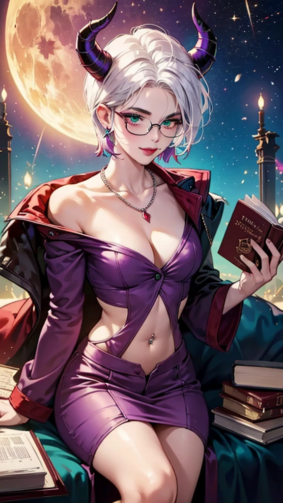 8k, masterpiece, best quality, highly detailed, 1 girl, tiefling, warlock, multicolored hair, very short straight hair green highlight hair on white hair, strippled hair, wearing glasses, round glasses, earrings, navel piercing, pajamas, red eyeshadow, long eyelashes, blushed cheek, red lips, necklace, rings, collarbone, mole, glamorous, teal clothing, purple clothes, smirk, close up view, rings, looking at viewer, demon horns, solo, nightmarish landscape, blue pale moon, sitting, holding devil books