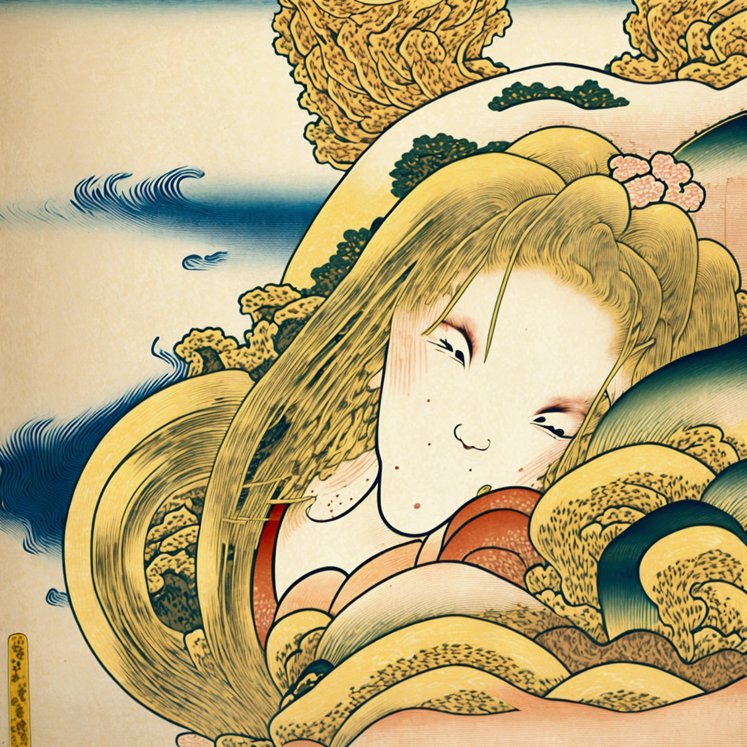 (((The Birth of Blonde Venus)))、(((Beautiful blonde woman)))、，(((Ukiyo-e)))、Royal Sister，Jay&#39;s official art,Unity8k wallpaper,Ultra-detailed,Beauty and aesthetics,masterpiece,Highest quality,(zIntertwined,Mandala,Tangled,Intertwined),(Fractal Art:1.3),One girl,Very detailed,Dynamic Angle,Cowboy gets shot,Chaotic beauty,elegant,Barbaric design,Bright colors,Romanticism,JamesJean,Robbie Deviantano,Lost Run,Francis Bacon,Michal Muraz,Adrian Gurney,Petrakot Wright,Gerhardricht,takato yamamoto,Ashley Wood,Atmospheric,Ecstasy Music Notes,Streaming notes are visible