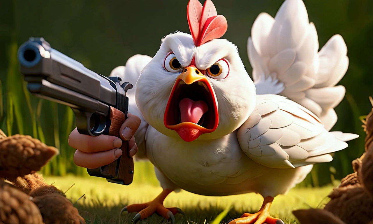 an angry hen with a pistol in her hand, the environment is a farm, enemies are surrounded the hen and donkey and ping, enemies are hens and cats.