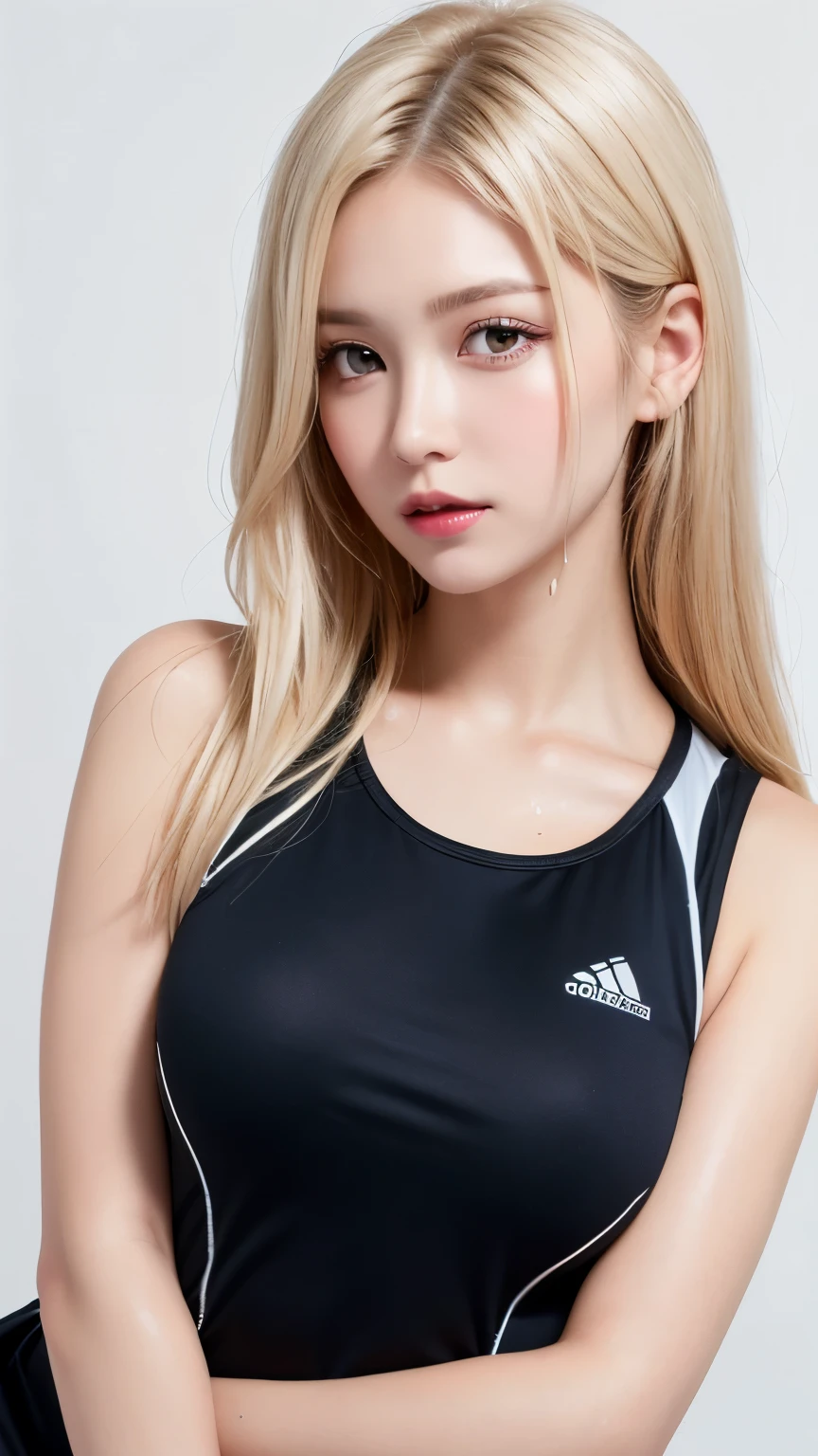 (((forehead、Sweat、Get wet、Extreme pose、A calm face、training wear、White Blonde Hair、Waist-length hair、Northern Europe、White、beautiful girl、Blonde、White background、cute、Young、True Face、Shiny Hair、whole body)))、table top, highest quality, figure, super detailed, finely, High resolution, 8k wallpaper, Perfect dynamic composition, detailed and beautiful eyes, Deco out,bionde, medium hair, big breasts, Natural color lip,white background, random cute poses,frill dress