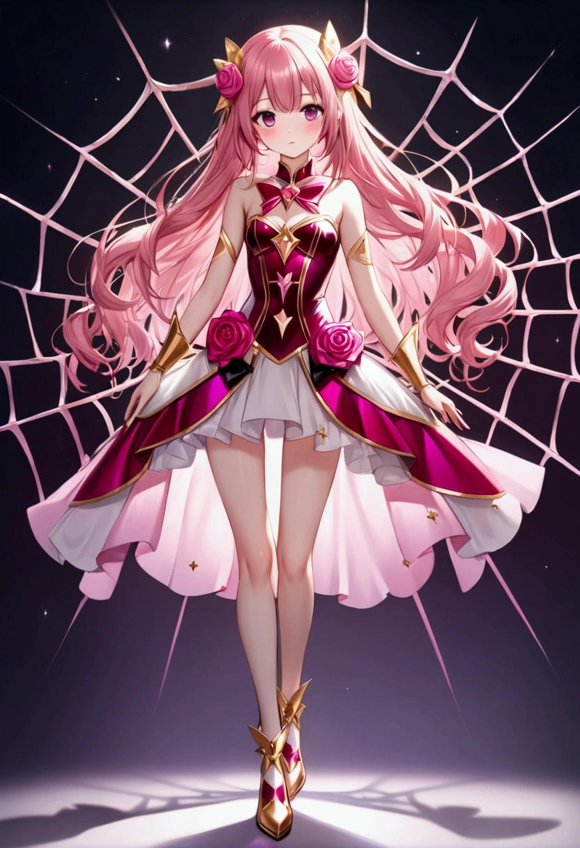 Create an anime-style girl with (((deep magenta eyes and long, wavy pink hair))) ((styled in an elegant frenchbraid)). (((She is slender, and with small breasts))). ((Ensure a full-body shot of her)) wearing a (((pink, gold, and rose gold color magical girl-themed outfit.))) ((The outfit features a spider and spider web theme.)) The overall look is regal and ethereal, with magical glowing effects. cutesexy, purinpuon pixiv, no future, a hyperrealistic , hyperrealistic , realistic , seductive (anime girl), smooth anime cg art, beautiful alluring anime , (purinpuon pixiv), ((magical girl)), (masterpiece), best quality, expressive eyes, perfect face ((Highest quality))、((8K))、(((8k wallpaper))) ((Full Body Shot: 1.5))、ultra detailed, masterpiece, best quality, solo ((purinpuon pixiv, no future)) (((purinpuon pixiv, no future)))