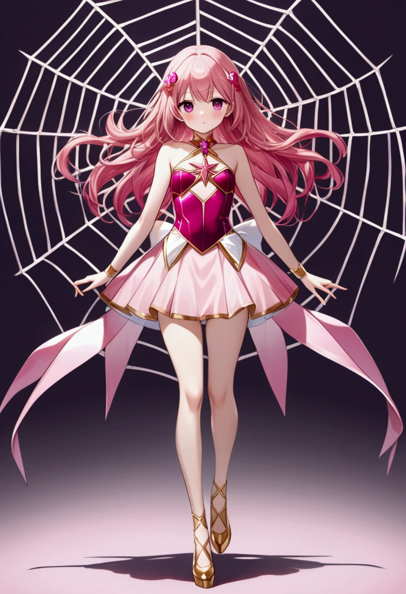 Create an anime-style girl with (((deep magenta eyes and long, wavy pink hair))) ((styled in an elegant frenchbraid)). (((She is slender, and  with small breasts))). ((Ensure a full-body shot of her)) wearing a (((pink, gold, and rose gold color magical girl-themed outfit.))) ((The outfit features a spider and spider web theme.)) The overall look is regal and ethereal, with magical glowing effects. cutesexy, purinpuon pixiv, no future, a hyperrealistic , hyperrealistic , realistic , seductive (anime girl), smooth anime cg art, beautiful alluring anime teen, (purinpuon pixiv), ((magical girl)), (masterpiece), best quality, expressive eyes, perfect face ((Highest quality))、((8K))、(((8k wallpaper))) ((Full Body Shot: 1.5))、ultra detailed, masterpiece, best quality, solo ((purinpuon pixiv, no future)) (((purinpuon pixiv, no future)))