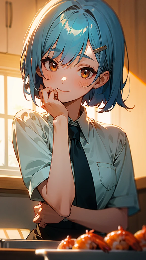 1 girl、Anime Images、kitchen、Delicious food、shrimp、Shiny light blue hair、Short Bob Hairstyles、Tie your hair with an orange hair clip、Beautiful brown eyes、smile、Upper body close-up、Sharp contours、Background Blur、Written boundary depth