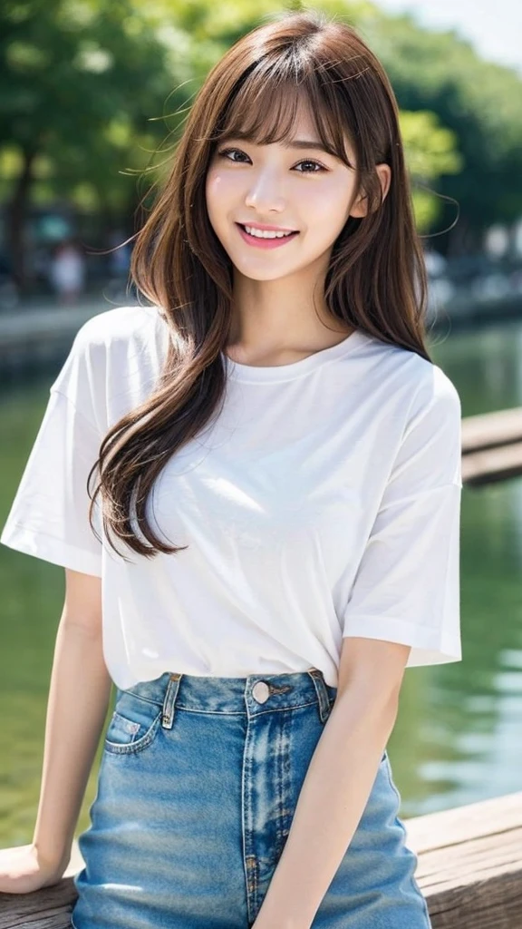 (8k、Highest quality、masterpiece、Ultra-high resolution、High resolution face:1.3)、Portrait、(20-year-old girl:1.3)、Bokeh Depth of Field、frontage、 The smile of a genius、Ultra-detailed、Ultra-high resolution、(Realistic、Realistic photos:1.37)、High-resolution RAW color photos、Professional photography、hVery detailed and beautiful、Very detailed、8k画像壁紙、Incredibly detailed、Large file size、Official Art、HVery detailed CG Unity 8k wallpapers、hVery detailed beautiful girl、Very detailed顔、Very detailed目、Very detailed皮膚、Very detailed指、hVery detailed nose、Very detailed詳細な口、Perfect Anatomy、HVery detailed clothing、1 girl、(18:1.2)、Teen、cute、Famous Japanese Idols、cute、Realistic body、、White skin、Glowing Skin、The body is slim、Handsome body、Brown haired、(Blunt bangs:1.2)、Classic wavy long hair、 (Hmph:1.3),Laughter、cute、Zola々right、cute faces、A vivid face、Delicate eyes、Source Order、White T-shirt、Skirt、Looking into the camera、Cowboy Shot、Along the River、Positive、Contrapo、public