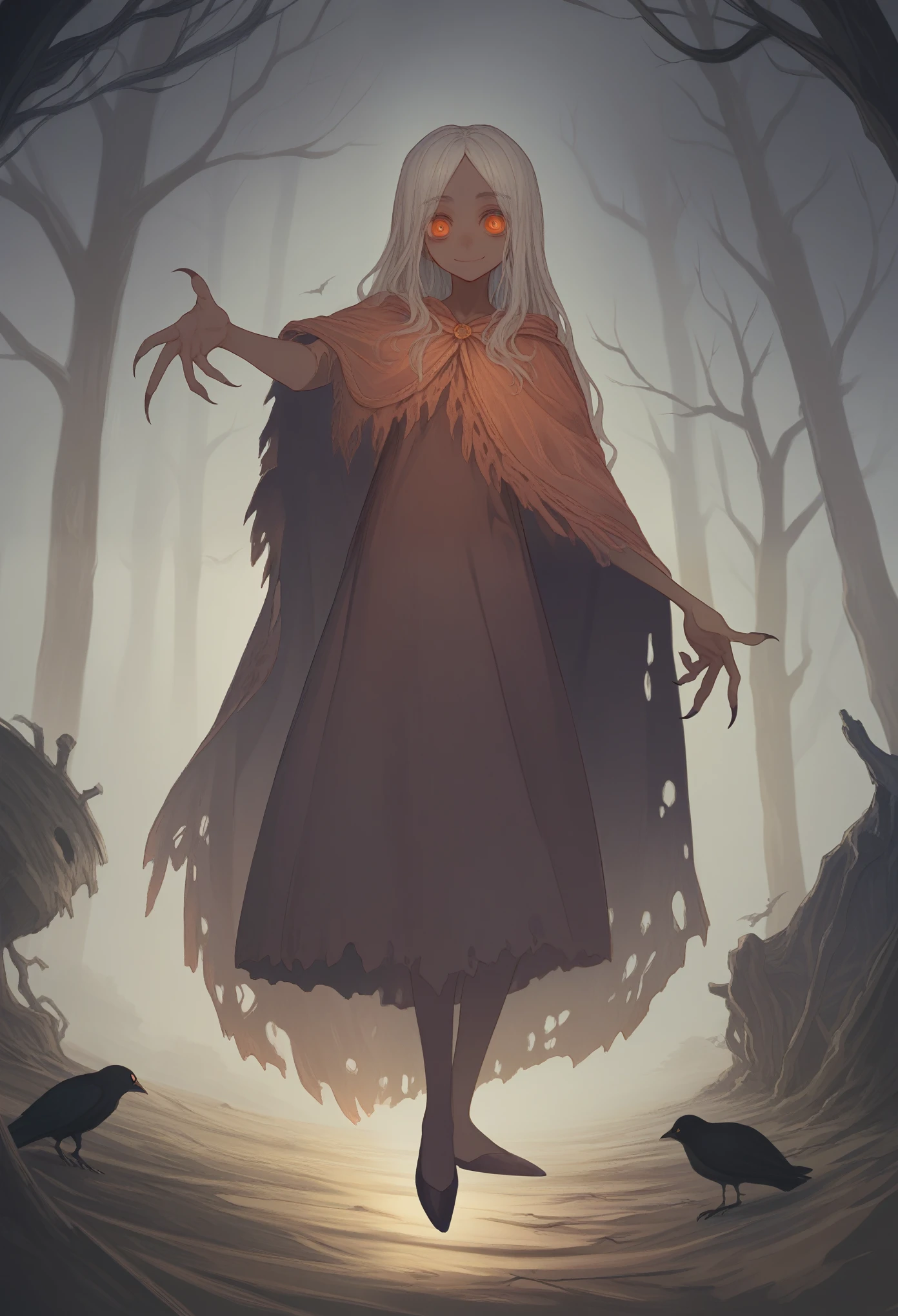 Cute horror fantasy、Disney-style horror effects、Picture book style、Children's book style、BREAK 、solo、1girl\((devil:1.6),cute,(dancing:1.4),Wicked Smile,Dark skin,Sagging under the eyes,Long eyebrows,Big eyes,Little,Long nails,Orange eyes,hair,(Look down at yourself:1.3),Wear a cloak\((Very large:1.5),(Very long:1.3),(traditional_patterned:1.2)\)\), BREAK ,background\(Note, (dead tree:1.3), in the forest,shadow_the cardboard\(Bat,doll,Crow\)\),(Long Shot),(Wide Shot),(Dynamic Angle),whole body