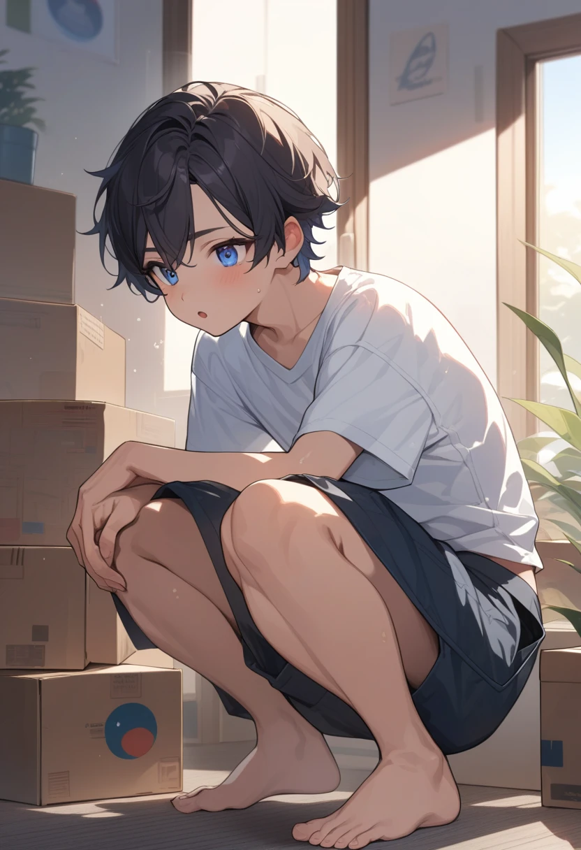 masterpiece, best quality, extremely detailed, ultra detailed, flat anime, 2D, ((1boy)),black hair, (short hair:1.5),blue eyes, height 1.7meters, (circle eyes:1.2), (young adult:1.2), Ear-length sideburns, long Sleeves, White T-shirt, barefoot, ((short sleeves)), ((long pants)), squatting, open mouth, summer, 12AM, livingroom,organizing the boxes., ((portrait)),full body,expressionless,looking at viewer
