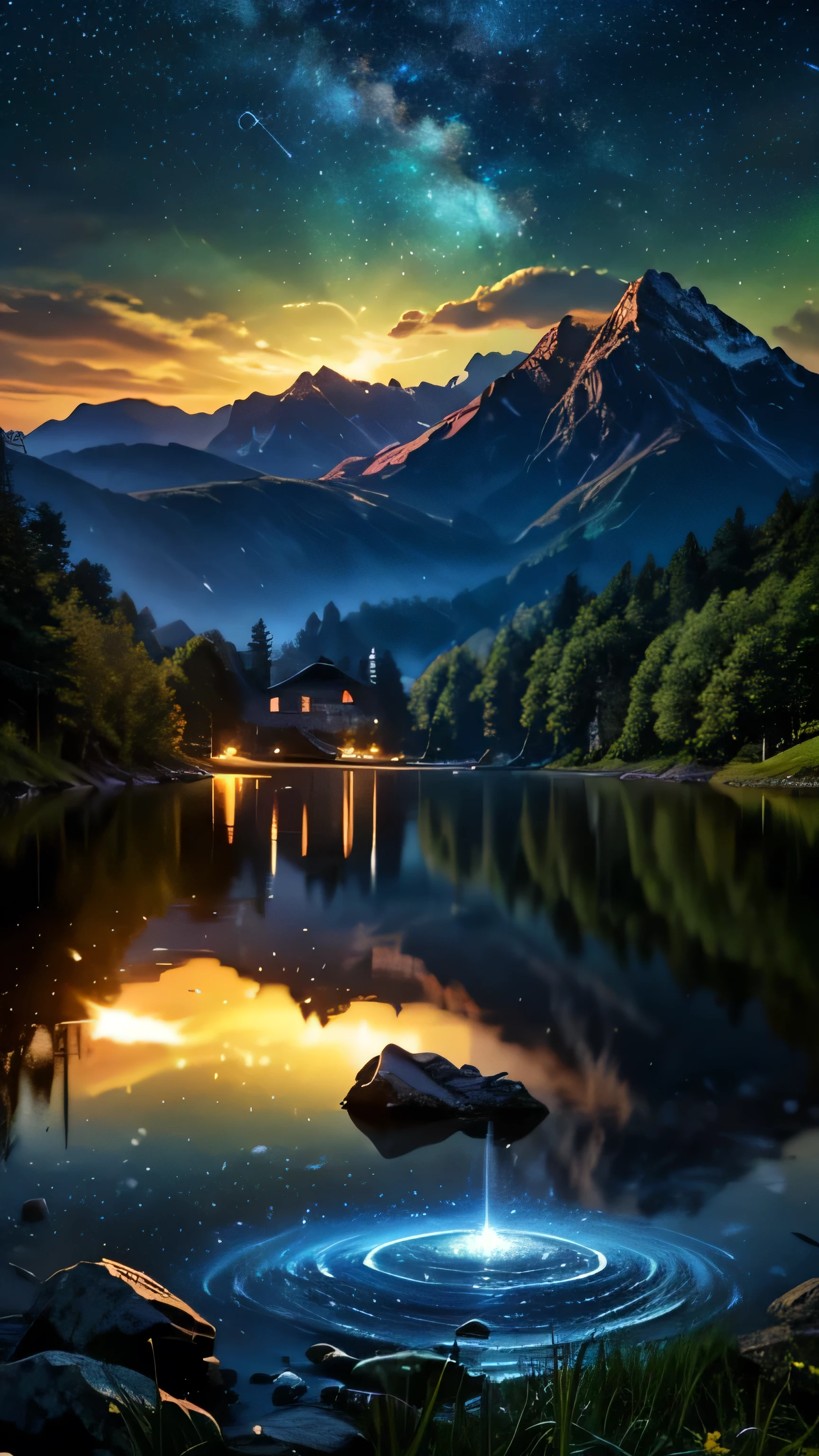 (logo, wonderful, 8k, Tabletop, RAW Photos, wonderful, 最high quality, PhotoRealistic and Very detailed, CG, high quality, Very detailed, Narrative poem, Particle Effects, Dynamic Effects, Text Border Depth, Cinema Lighting, Flare, Ray Tracing, Tabletop, Realistic, Ultra HD, Fantasy), Wind, The beauty and brilliance of mountains and forests, The tranquility and beauty of the grasslands and open lands of the world, Lakeside, wonderful scenery, Beautiful natural scenery, night, Starry Sky, constellation, full moon, space, nice, View, water, constellation, wonder, wonderful, meteor, magic, Best lighting, Best Shadow