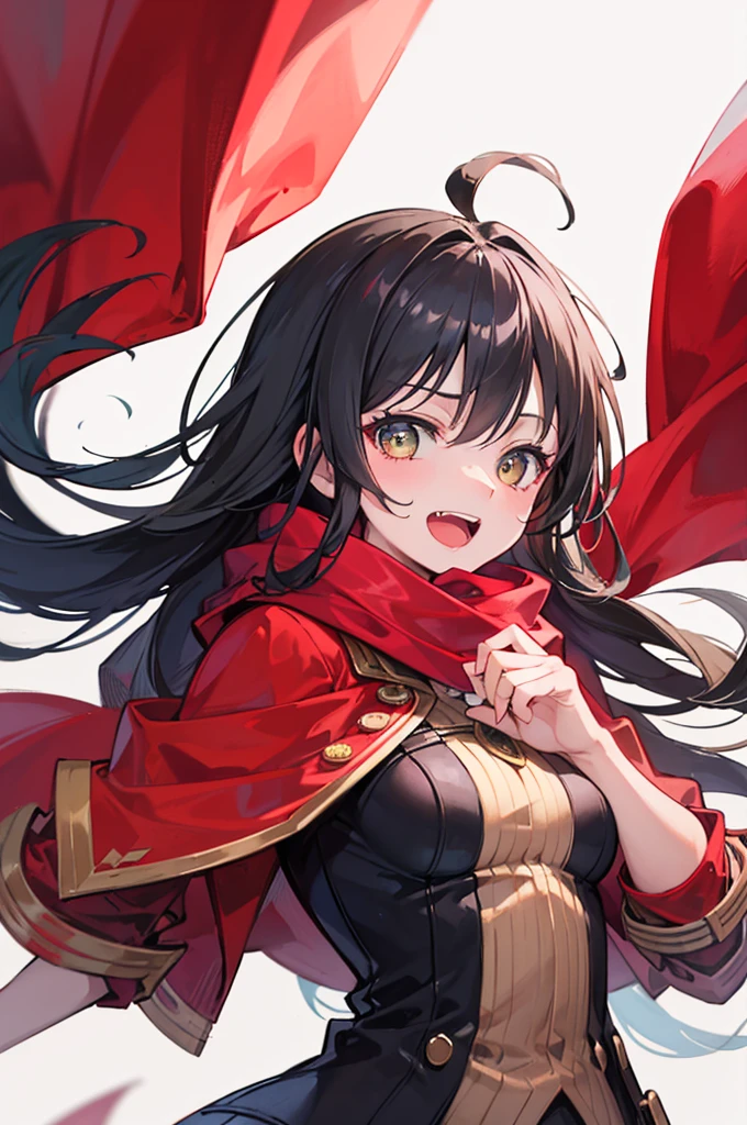 ((best quality)), portrait, one_Side_up, long hair, black hair, stupid hair, passionate fool, girl, medium breasts, Laugh loudly and energetically, golden eyes, red cloth scarf, Black Jacket, hero, Arms crossed, 1 person