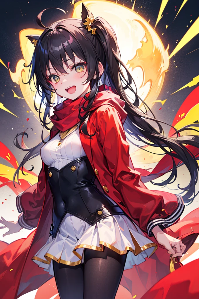 ((best quality)), portrait, one_Side_up, long hair, black hair, stupid hair, passionate fool, girl, medium breasts, Laugh loudly and energetically, golden eyes, red cloth scarf, Black Jacket, hero, Arms crossed, 1 person