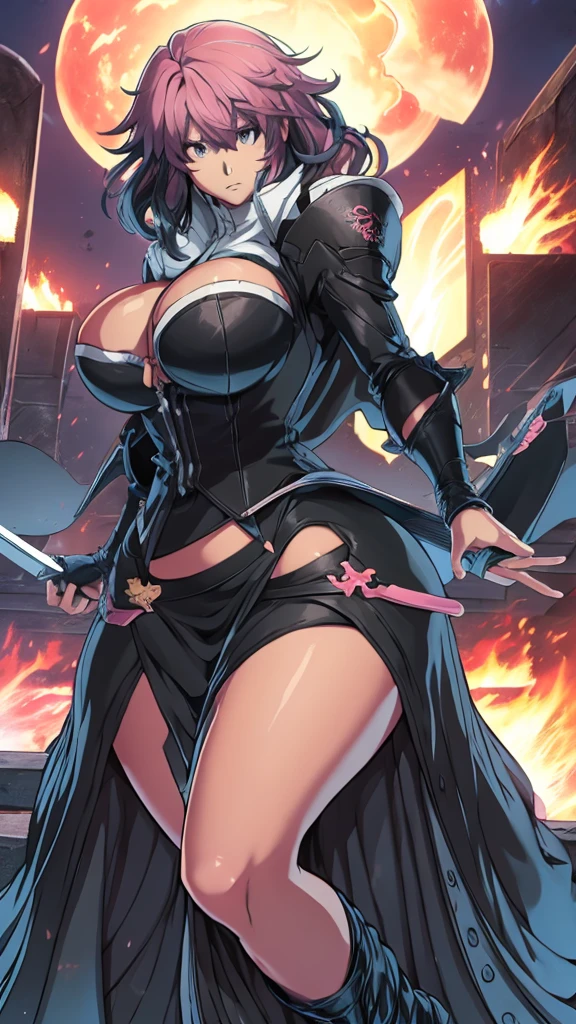 ANIME , high detailed
1 chunky girl, Byleth's hairstyle, pit Black hair, rose-pink eyes, angry face, busty, huge and round buson, gorgeous chunky body, red Sattela' clothes, Very large pink Long skirt, large knife in hands, Dynamic action position, action pose