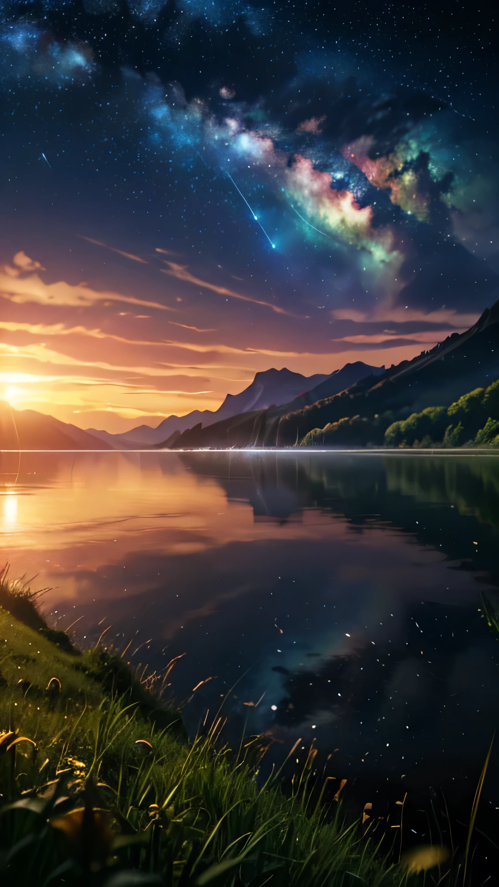 (logo, wonderful, 8k, Tabletop, RAW Photos, wonderful, 最high quality, PhotoRealistic and Very detailed, CG, high quality, Very detailed, Narrative poem, Particle Effects, Dynamic Effects, Text Border Depth, Cinema Lighting, Flare, Ray Tracing, Tabletop, Realistic, Ultra HD, Fantasy), Wind, The beauty and brilliance of mountains and forests, The tranquility and beauty of the grasslands and open lands of the world, Lakeside, wonderful scenery, Beautiful natural scenery, night, Starry Sky, constellation, full moon, space, nice, View, water, constellation, wonder, wonderful, meteor, magic, Best lighting, Best Shadow