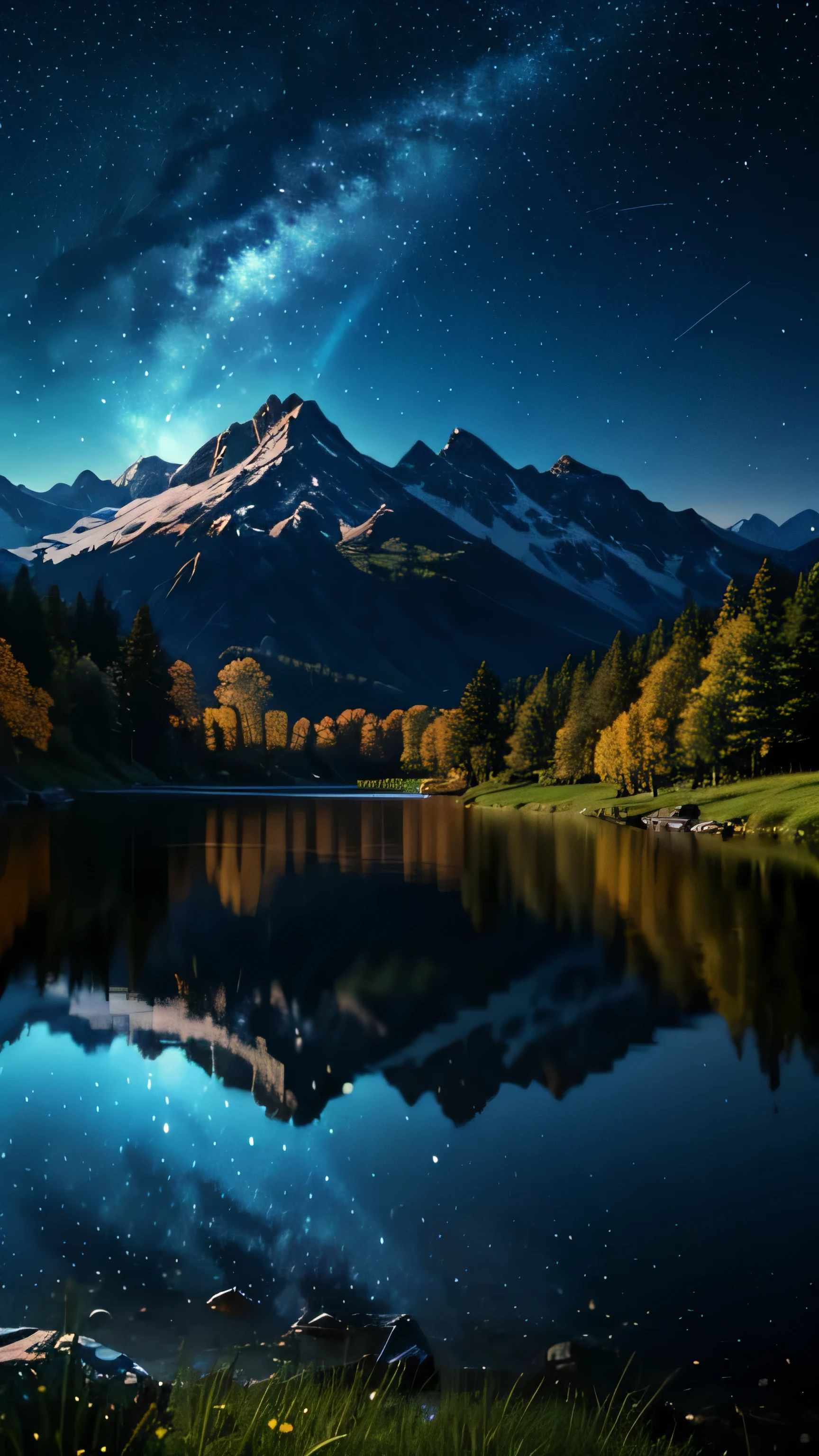 (logo, wonderful, 8k, Tabletop, RAW Photos, wonderful, 最high quality, PhotoRealistic and Very detailed, CG, high quality, Very detailed, Narrative poem, Particle Effects, Dynamic Effects, Text Border Depth, Cinema Lighting, Flare, Ray Tracing, Tabletop, Realistic, Ultra HD, Fantasy), Wind, The beauty and brilliance of mountains and forests, The tranquility and beauty of the grasslands and open lands of the world, Lakeside, wonderful scenery, Beautiful natural scenery, night, Starry Sky, constellation, full moon, space, nice, View, water, constellation, wonder, wonderful, meteor, magic, Best lighting, Best Shadow