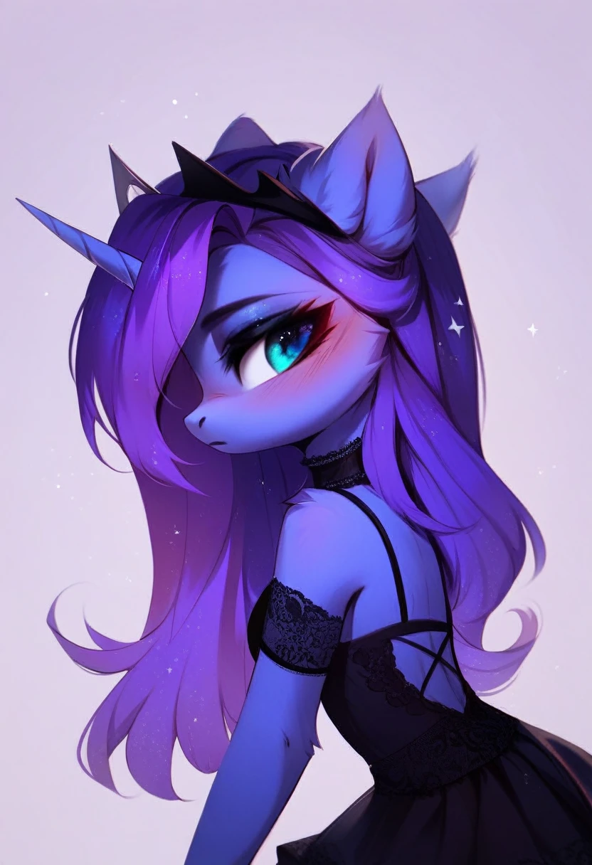check_9, check_8_up, check_7_up, source_fluffy, rating_safe, from Magnaluna, Luna poses seductively in a gothic bedroom, antro, blushing, blue body, purple mane, black lingerie skirt