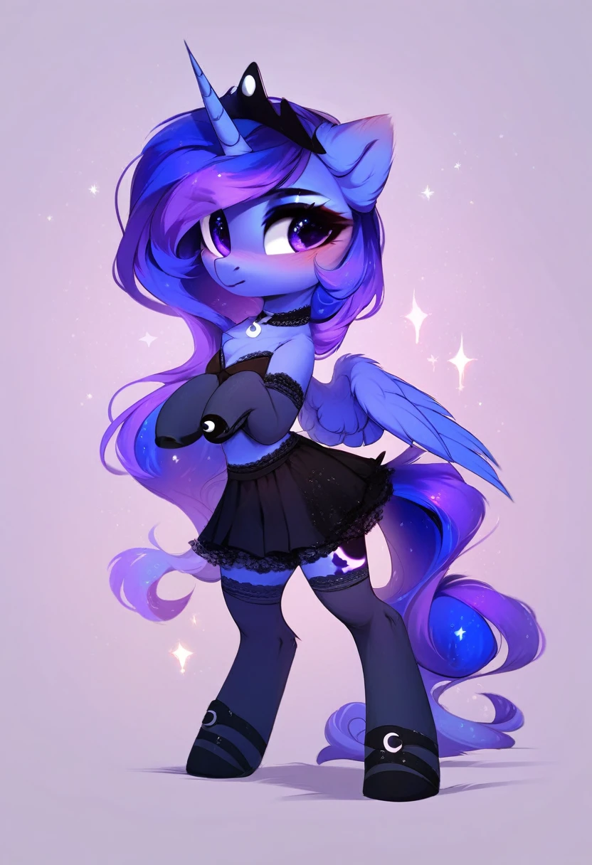 check_9, check_8_up, check_7_up, source_fluffy, rating_safe, from Magnaluna, Luna poses seductively in a gothic bedroom, antro, blushing, blue body, purple mane, black lingerie skirt