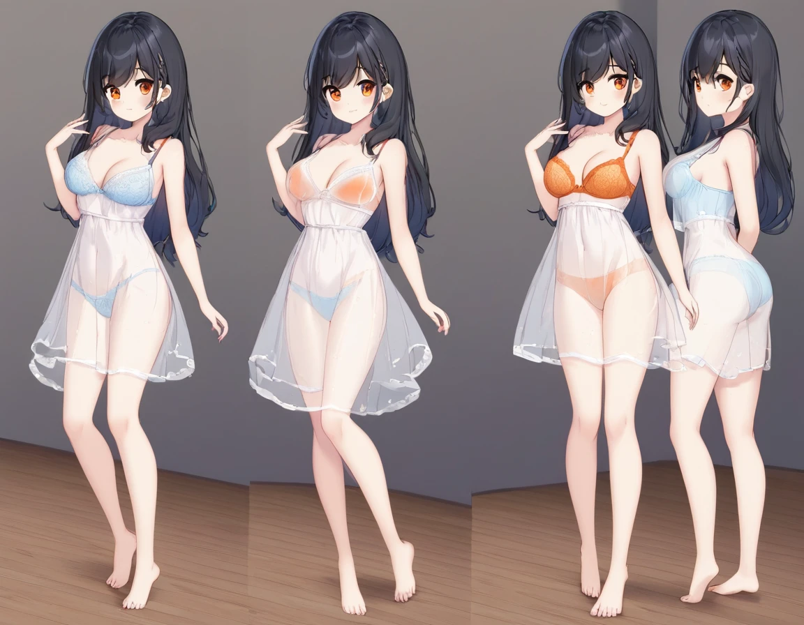 Girl with long black hair、(White dress、See-through bra、The bra is see-through、See-through orange bra)、(Underwear peeking out from under the dress、Showing off cute blue underwear)、(barefoot、cute leather shoeoderately large、Standing posture