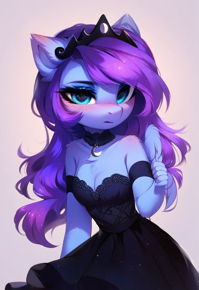 check_9, check_8_up, check_7_up, source_fluffy, rating_safe, from Magnaluna, Luna poses seductively in a gothic bedroom, antro, blushing, blue body, purple mane, black lingerie skirt