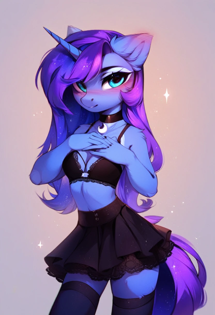 check_9, check_8_up, check_7_up, source_fluffy, rating_safe, from Magnaluna, Luna poses seductively in a gothic bedroom, antro, blushing, blue body, purple mane, black lingerie skirt