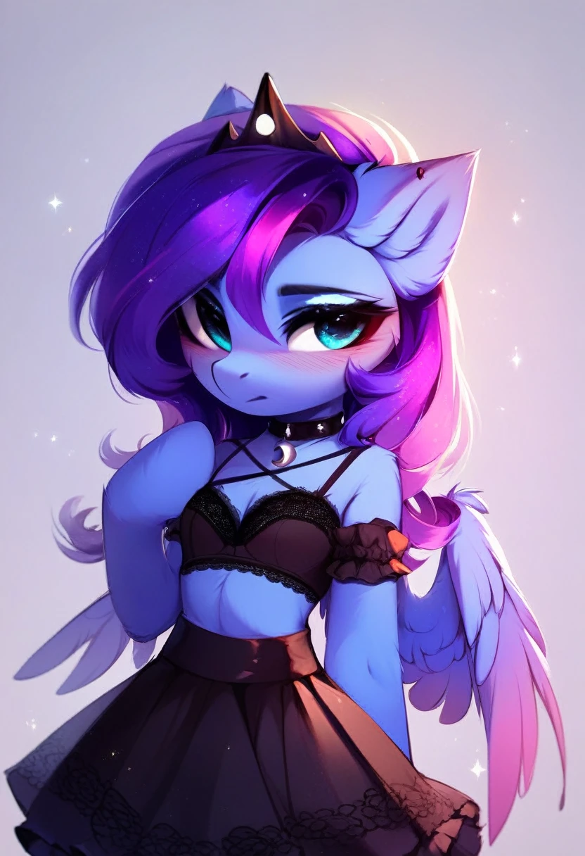 check_9, check_8_up, check_7_up, source_fluffy, rating_safe, from Magnaluna, Luna poses seductively in a gothic bedroom, antro, blushing, blue body, purple mane, black lingerie skirt