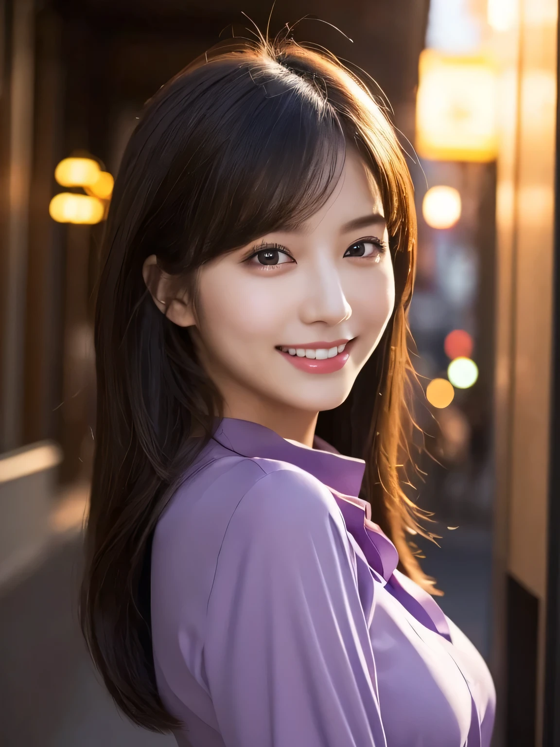 1girl in, (Wearing a purple blouse:1.2), (Raw photo, Best Quality), (Realistic, Photorealsitic:1.4), masterpiece, Extremely delicate and beautiful, Extremely detailed, 2k wallpaper, amazing, finely detail, the Extremely Detailed CG Unity 8K Wallpapers, Ultra-detailed, hight resolution, Soft light, Beautiful detailed girl, extremely detailed eye and face, beautiful detailed nose, Beautiful detailed eyes, Cinematic lighting, city light at night, Perfect Anatomy, Slender body, Smiling,