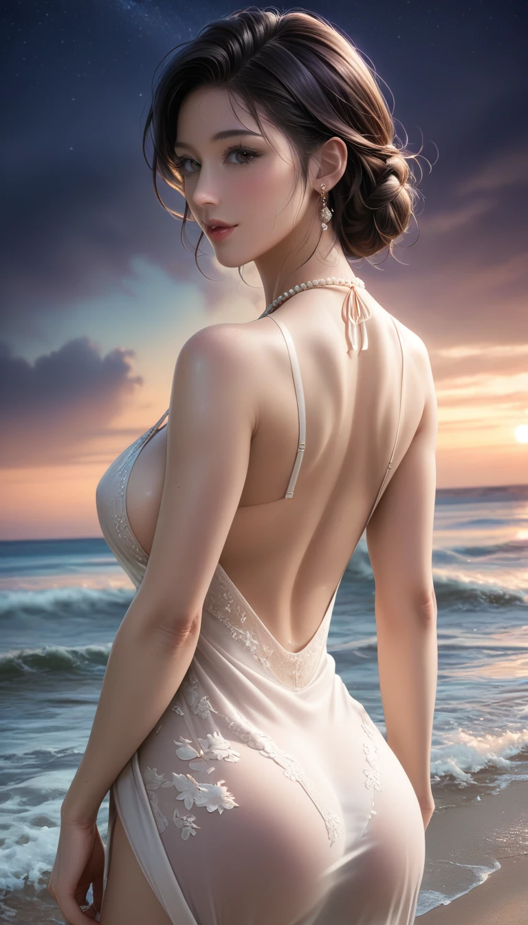 score_9, score_8_superior, score_7_superior, Masterpieces with up to 16K resolution,Highest quality,it is really amazing,Very detailed,Ultra-high resolution,Real,Realistic,Increased depth of field,Cinematic lighting,
(sexy japanese milf:1.5),
Long black hair,Ultra-detailed and beautiful faces,Translucent white skin,Very detailedな肌の質感,Slender body,Anatomically correct body,
(elegant beach dress:1.5),
Summery design,Beautiful and detailed pattern,Detailed fabric texture,
Gorgeous necklace,Earrings,
(Coastal scenery at night:1.5),
Dark Clouds,Dark Sky,delay々Continuing sandy beach, Deserted Beach,Dark sea surface,
Beautiful back view,Buckshot,