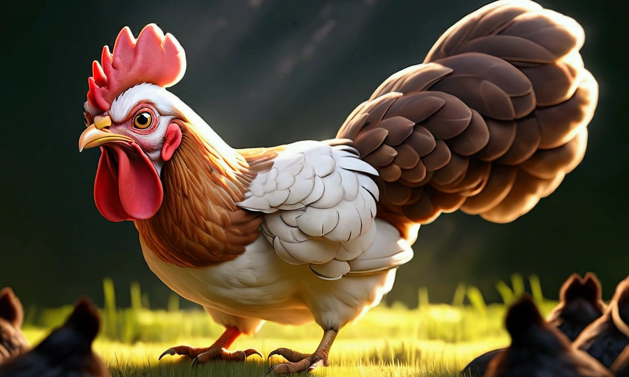 an angry hen with a pistol in her hand, hen has human-style hand but they are look like then hen skin, the environment is a farm, enemies are surrounded the hen and donkey and ping, enemies are hens and cats.