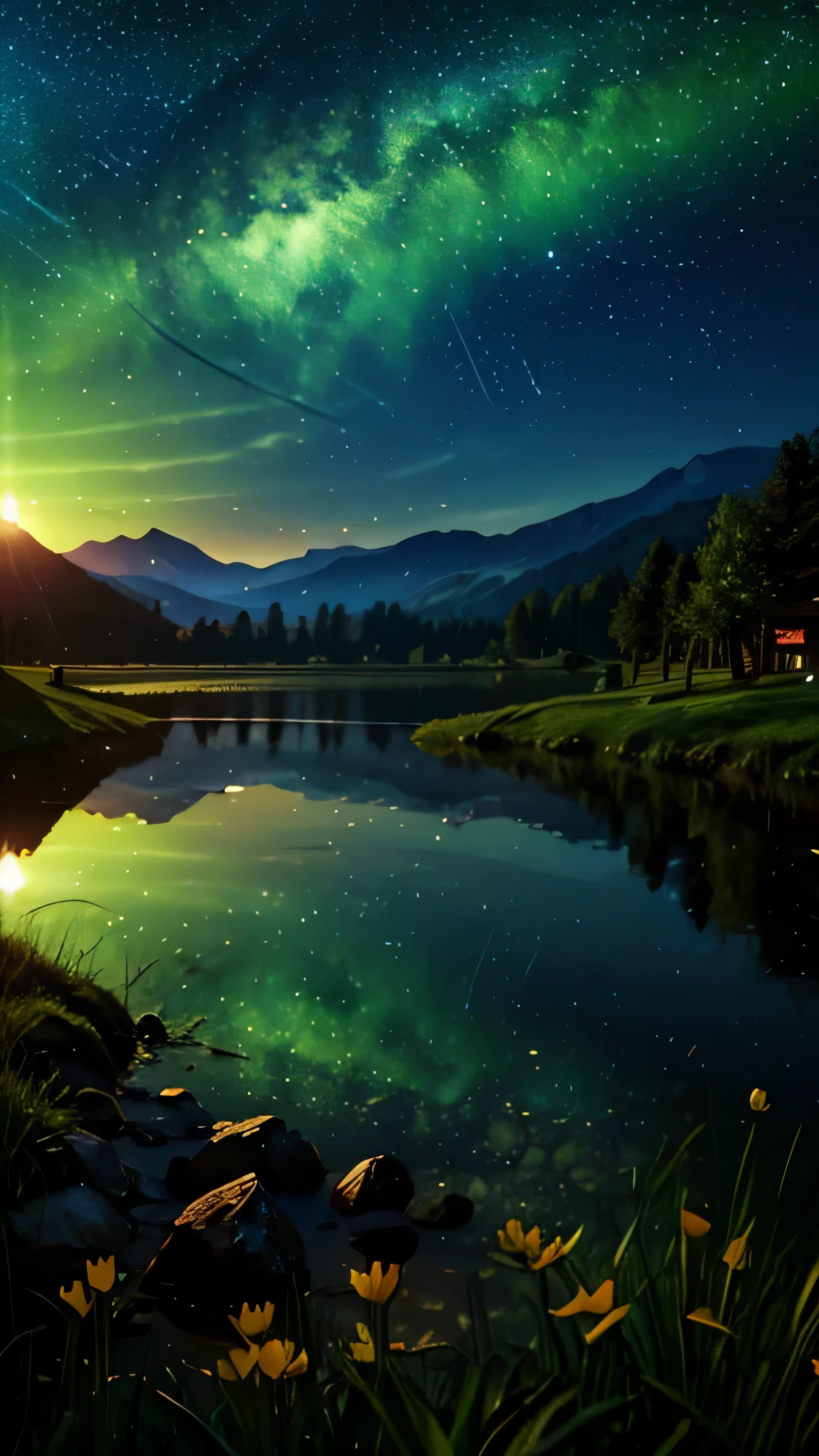 (logo, wonderful, 8k, Tabletop, RAW Photos, wonderful, 最high quality, PhotoRealistic and Very detailed, CG, high quality, Very detailed, Narrative poem, Particle Effects, Dynamic Effects, Text Border Depth, Cinema Lighting, Flare, Ray Tracing, Tabletop, Realistic, Ultra HD, Fantasy), Wind, The beauty and brilliance of mountains and forests, The tranquility and beauty of the grasslands and open lands of the world, Lakeside, wonderful scenery, Beautiful natural scenery, night, Starry Sky, constellation, full moon, space, nice, View, water, constellation, wonder, wonderful, meteor, magic, Best lighting, Best Shadow