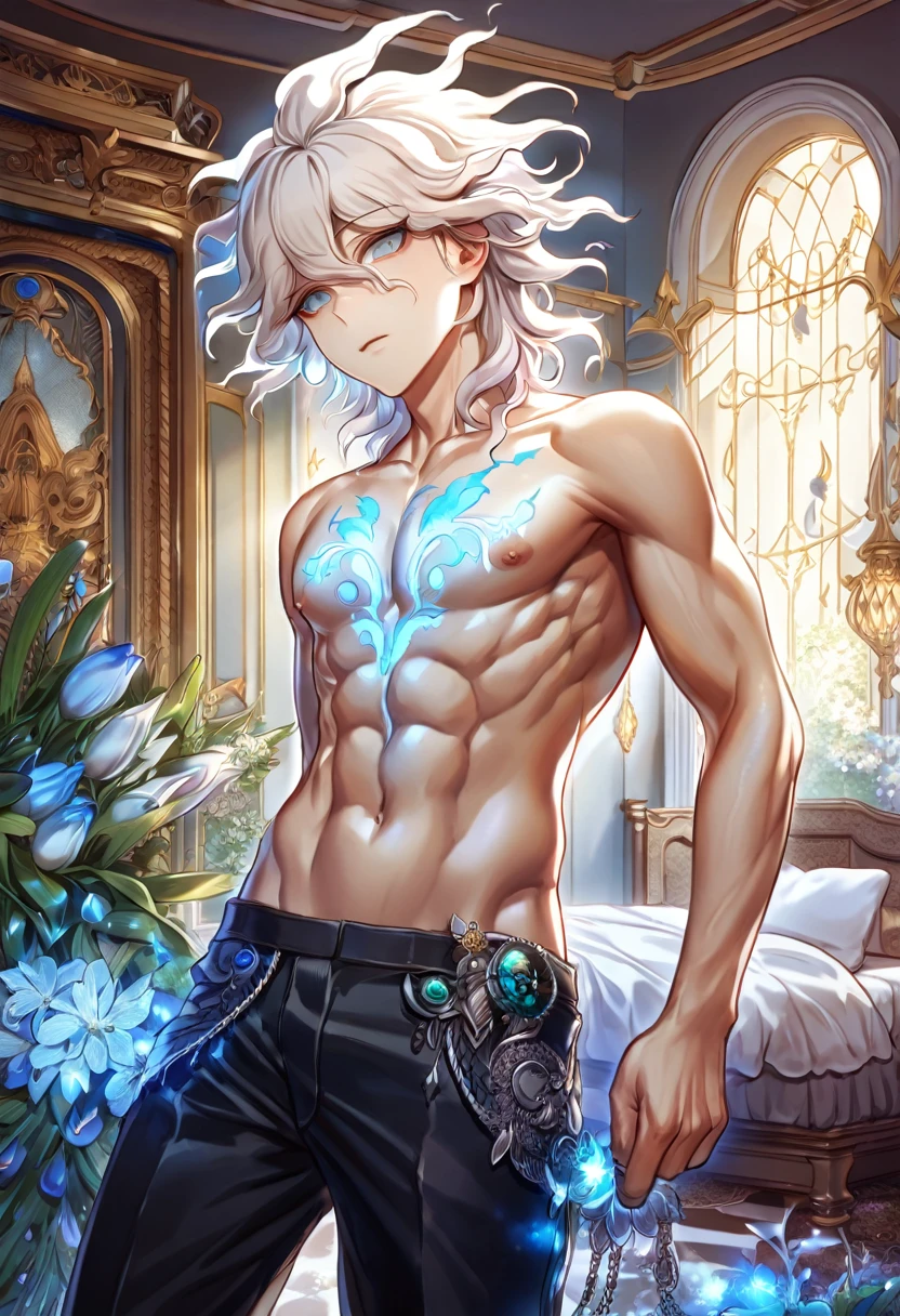 absurdres, highres, ultra detailed, HDR, master piece, Komaeda Nagito, white hair, expressive green-grey eyes, bare chest, toned chest, Danganronpa, sexy man, room, handsome, best quality, flowers, fantasy, magical, solo, blue shining fireflies, blue petals, sensual, black pants,
