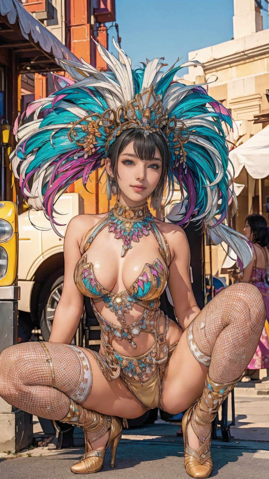 Highest quality, Official Art, masterpiece, Fabric Shading, High resolution, Very detailed, colorful, detailed, High leg samba micro costume:1.5, Microwave is fine:1.9, 1 female, Age 25, Black Hair, short hair, bob cut, One Length, BIG ASS:1.9, A bustling boulevard, sunny, skinny, {{Surrounded by male photographers:1.9}}, She has been photographed by many male photographers..:1.7, There is a snowstorm, Blessed, welcome:1.5, Camel Toe:1.9, Ground level shot, squatting:1.5, spread legs:1.8, 