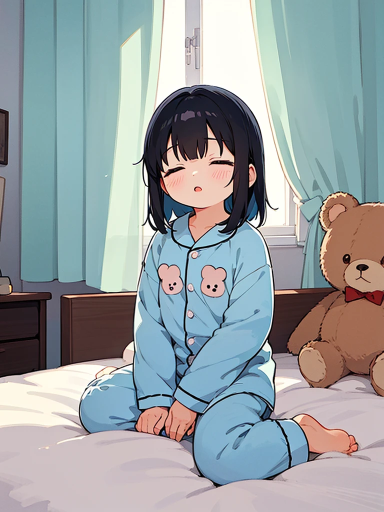 One , Open your mouth, Black Hair, Bob Hair, bangs, Sleepy, Character design drawings, anime, Ghibli-style colors, Gentle colors, Simple room、curtain、Sitting on the bed、Teddy bear、morning、Waking up、In pajamas、5 、